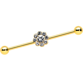 14G Clear Gem Gold Tone Whimsy Flower Industrial Barbell 38mm