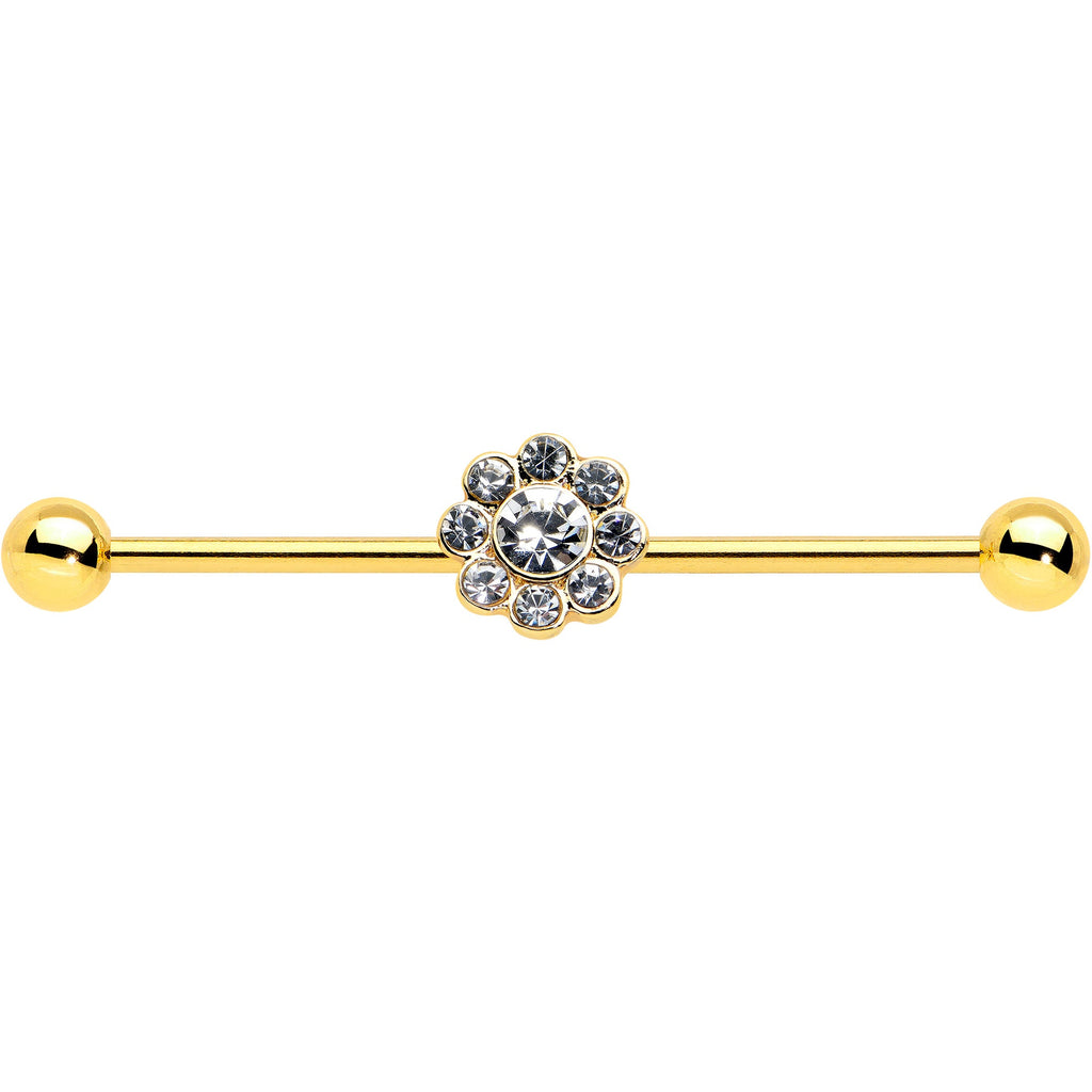 BodyCandy 14G Clear Gem Gold Tone Whimsy Flower Industrial Barbell 38mm — detail close-up