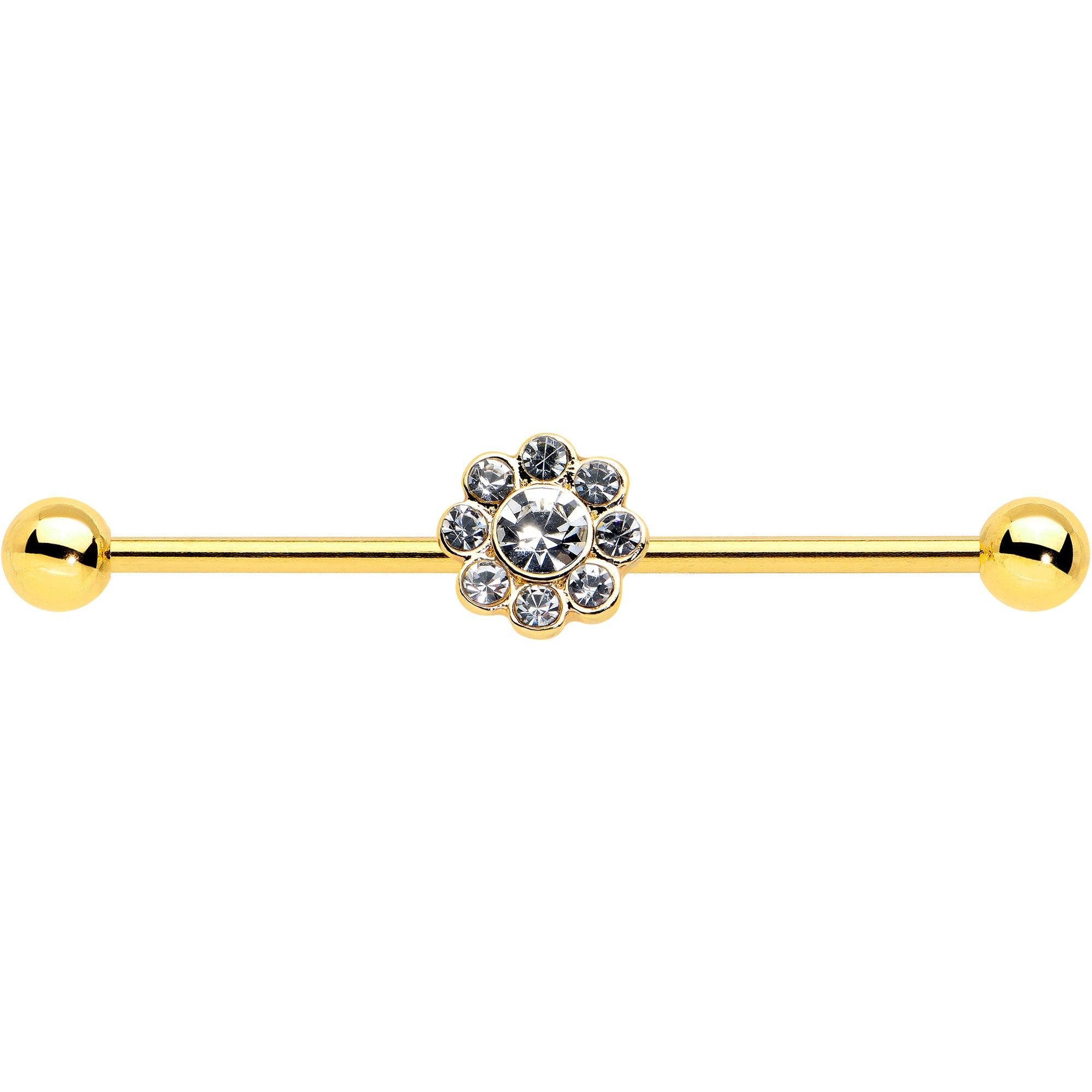 BodyCandy 14G Clear Gem Gold Tone Whimsy Flower Industrial Barbell 38mm — detail close-up