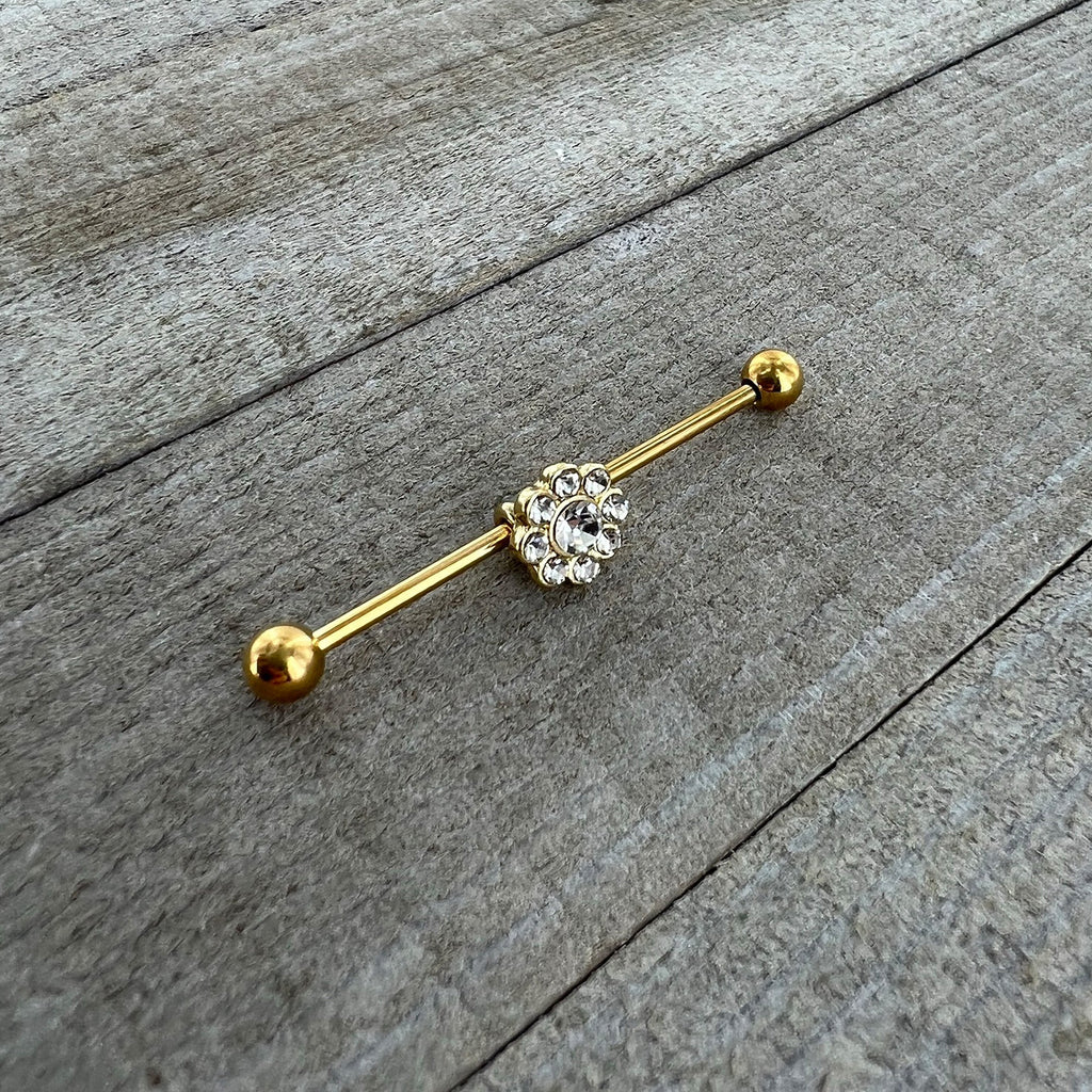 BodyCandy 14G Clear Gem Gold Tone Whimsy Flower Industrial Barbell 38mm — side view