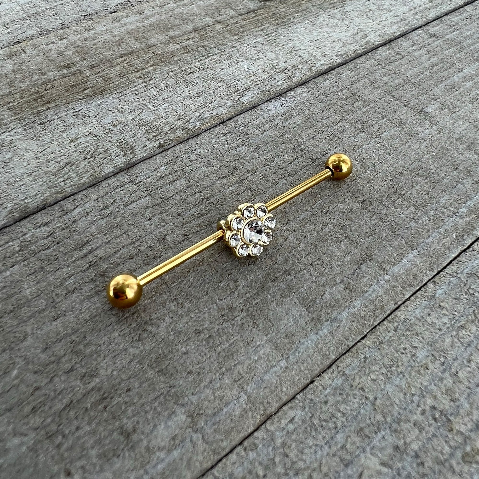 BodyCandy 14G Clear Gem Gold Tone Whimsy Flower Industrial Barbell 38mm — side view