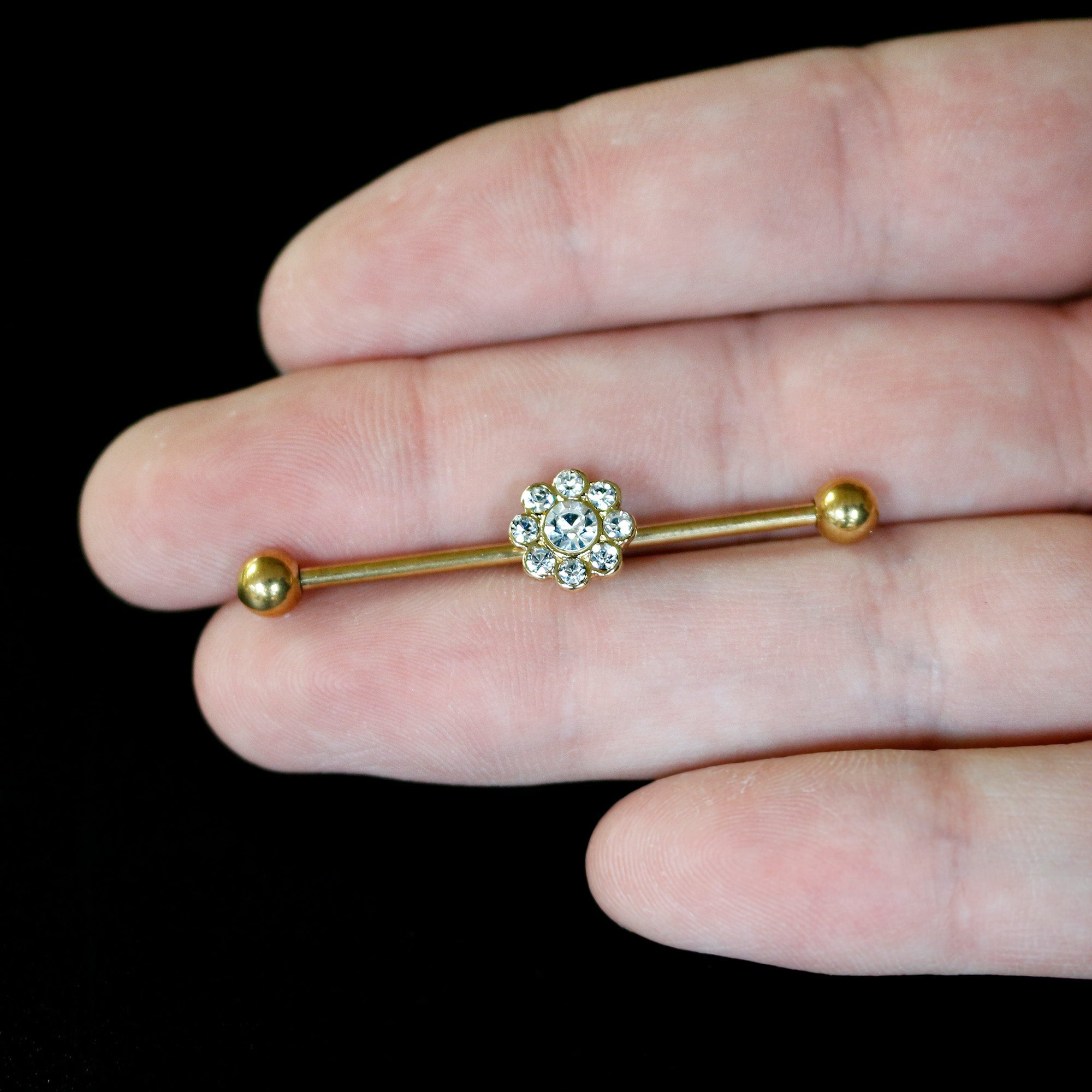 BodyCandy 14G Clear Gem Gold Tone Whimsy Flower Industrial Barbell 38mm — back view
