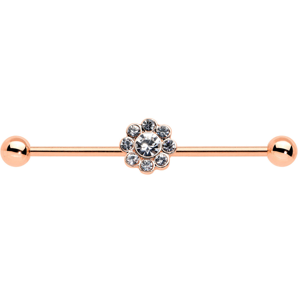 BodyCandy 14G Clear Gem Rose Gold Hue Whimsy Flower Industrial Barbell 38mm — detail close-up