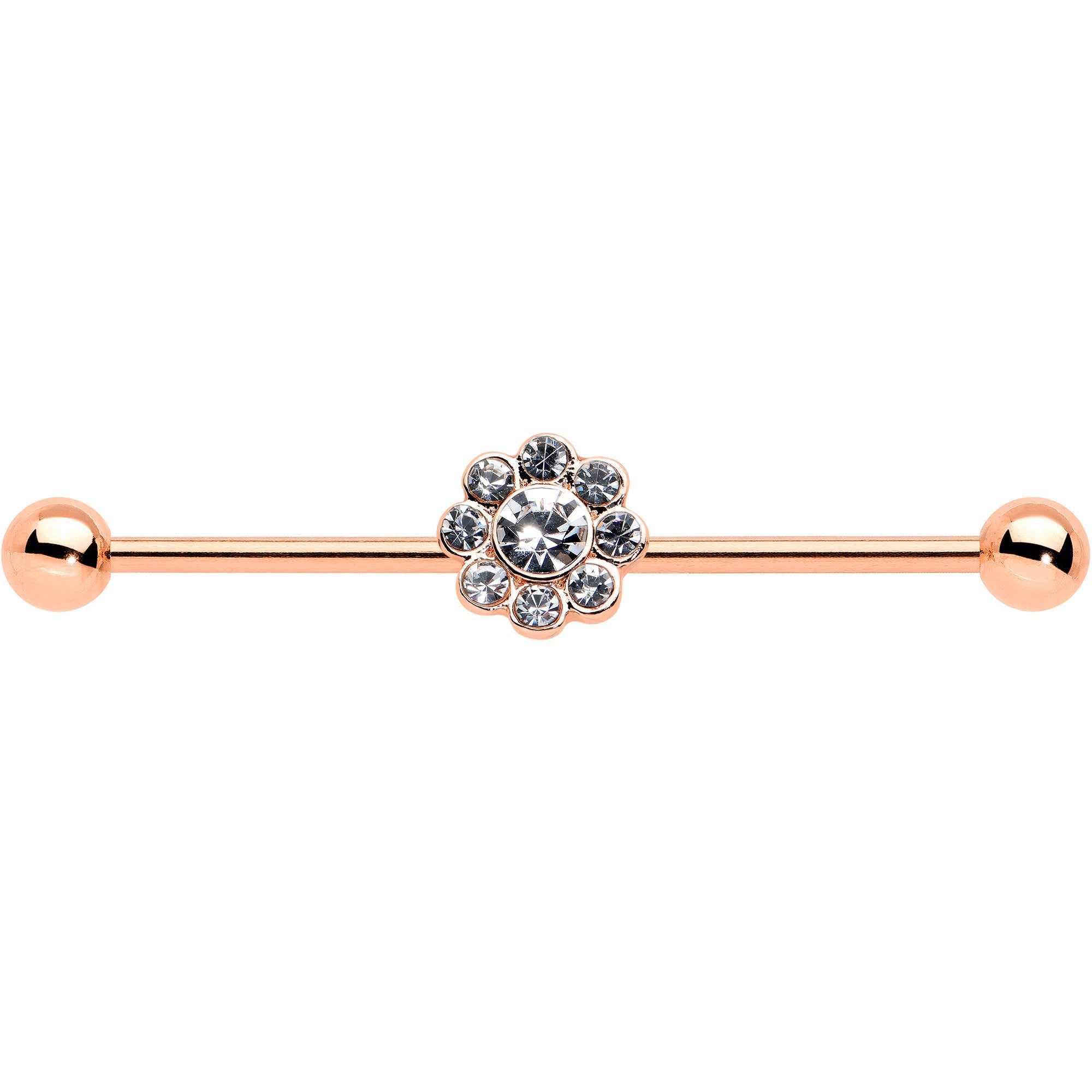BodyCandy 14G Clear Gem Rose Gold Hue Whimsy Flower Industrial Barbell 38mm — detail close-up