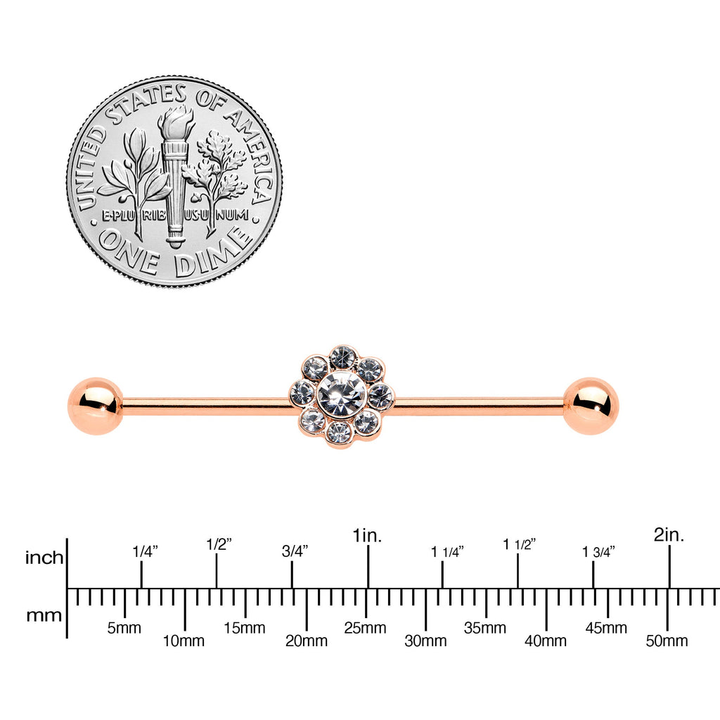 BodyCandy 14G Clear Gem Rose Gold Hue Whimsy Flower Industrial Barbell 38mm — lifestyle context