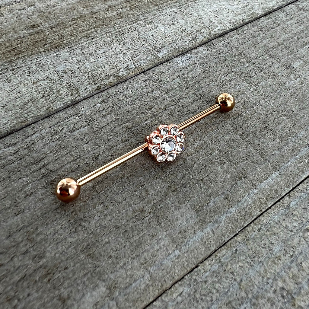 BodyCandy 14G Clear Gem Rose Gold Hue Whimsy Flower Industrial Barbell 38mm — side view
