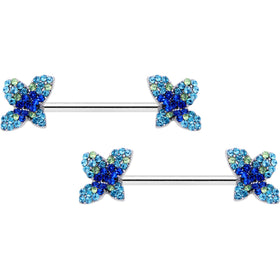 14G 9/16 Blue Gem Glamour Butterfly Barbell Nipple Ring Set