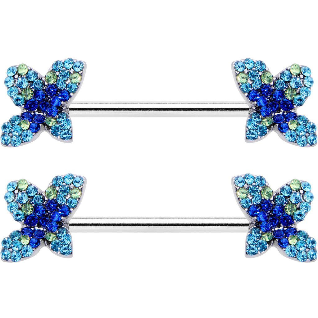 BodyCandy 14G 9/16 Blue Gem Glamour Butterfly Barbell Nipple Ring Set — detail close-up