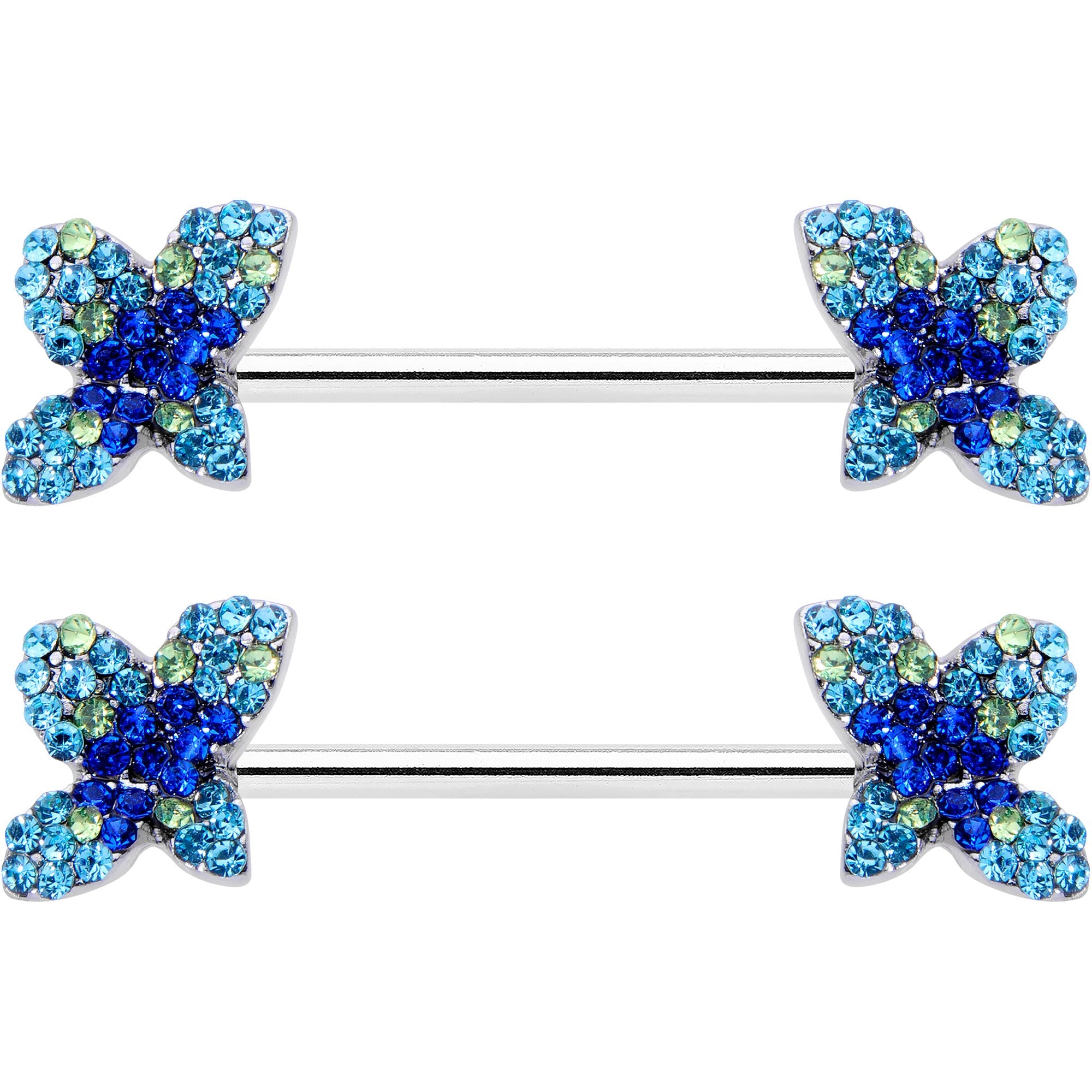 BodyCandy 14G 9/16 Blue Gem Glamour Butterfly Barbell Nipple Ring Set — detail close-up