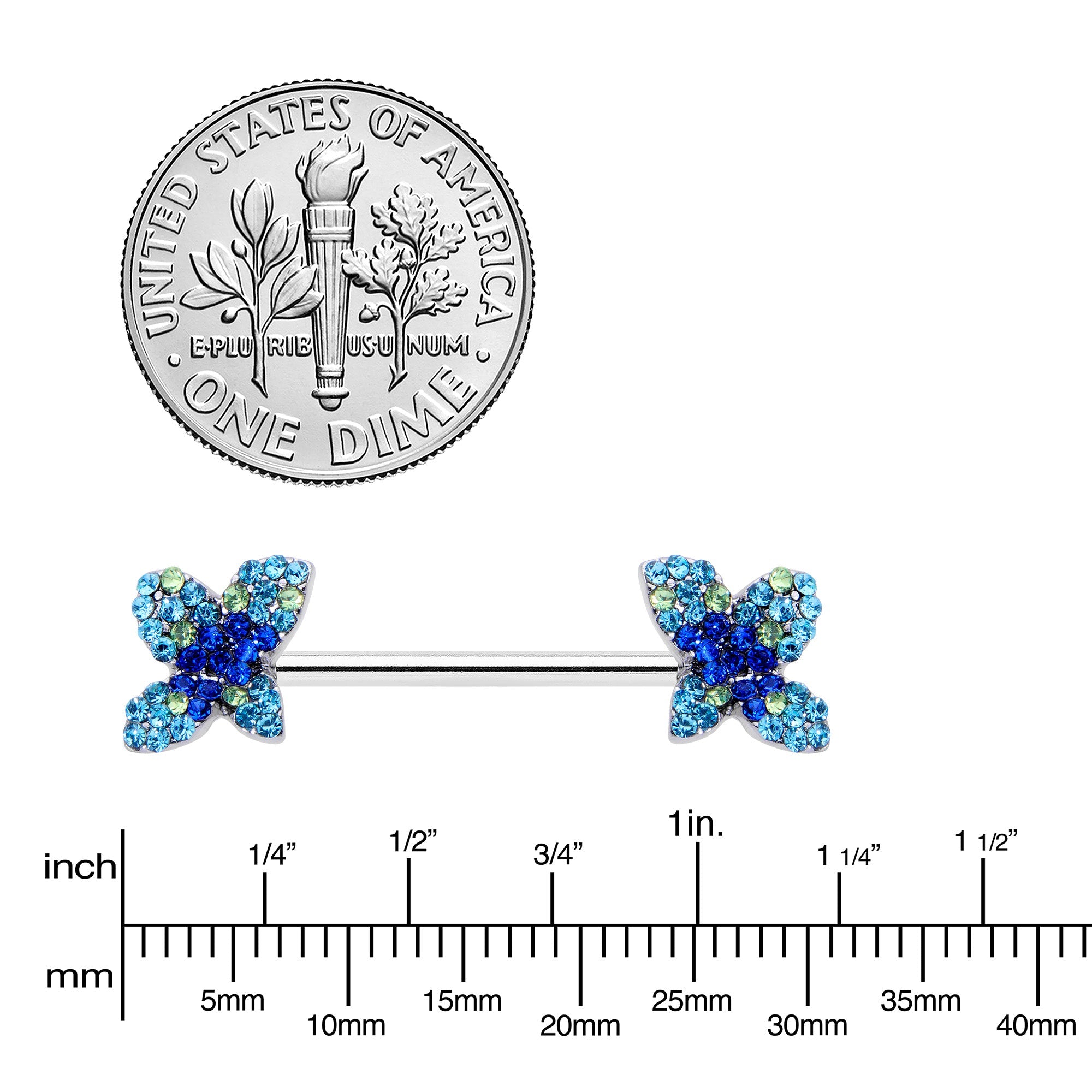 BodyCandy 14G 9/16 Blue Gem Glamour Butterfly Barbell Nipple Ring Set — lifestyle context
