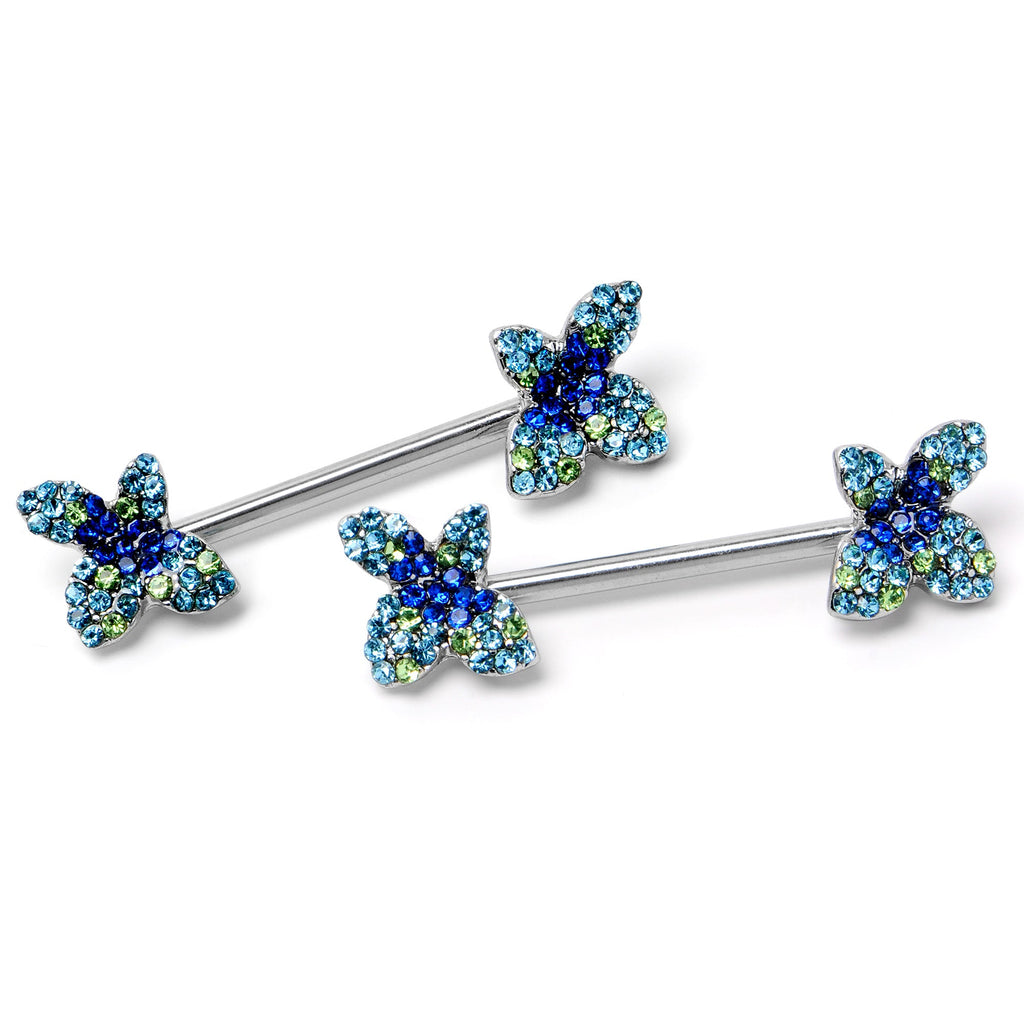 BodyCandy 14G 9/16 Blue Gem Glamour Butterfly Barbell Nipple Ring Set — side view