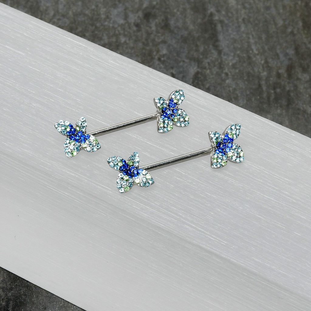 BodyCandy 14G 9/16 Blue Gem Glamour Butterfly Barbell Nipple Ring Set — alternative angle