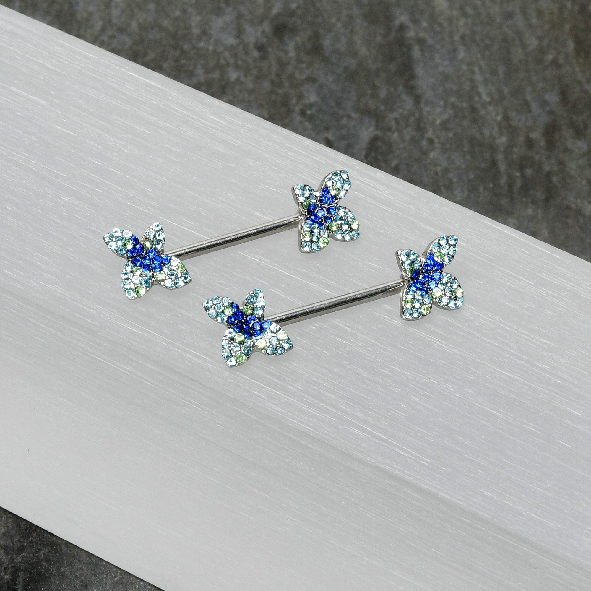 BodyCandy 14G 9/16 Blue Gem Glamour Butterfly Barbell Nipple Ring Set — alternative angle