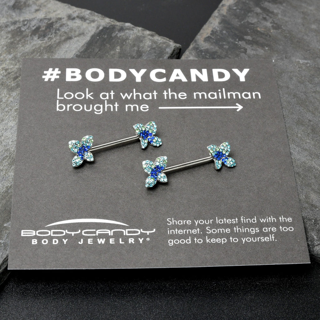 BodyCandy 14G 9/16 Blue Gem Glamour Butterfly Barbell Nipple Ring Set — size reference