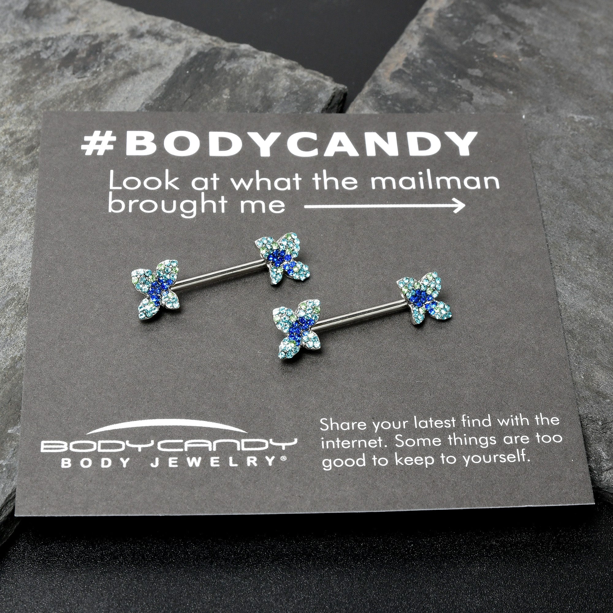 BodyCandy 14G 9/16 Blue Gem Glamour Butterfly Barbell Nipple Ring Set — size reference
