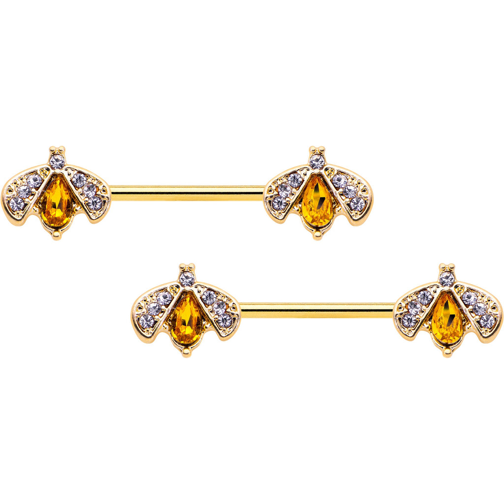 BodyCandy 14G 9/16 Yellow Gem Gold Tone Fashion Bug Barbell Nipple Ring Set — main product shot