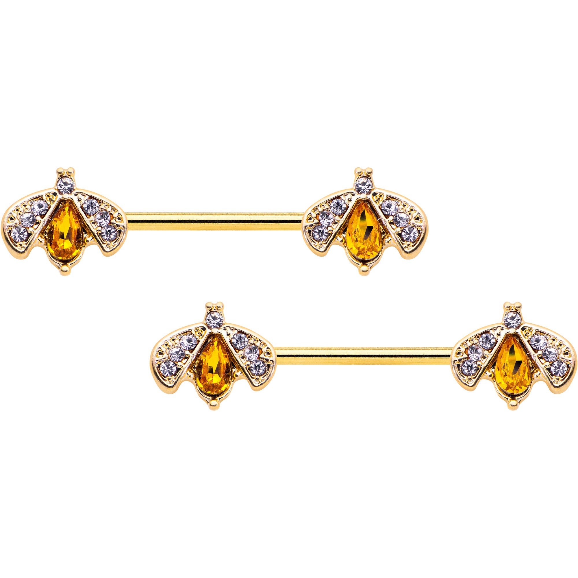 BodyCandy 14G 9/16 Yellow Gem Gold Tone Fashion Bug Barbell Nipple Ring Set — main product shot