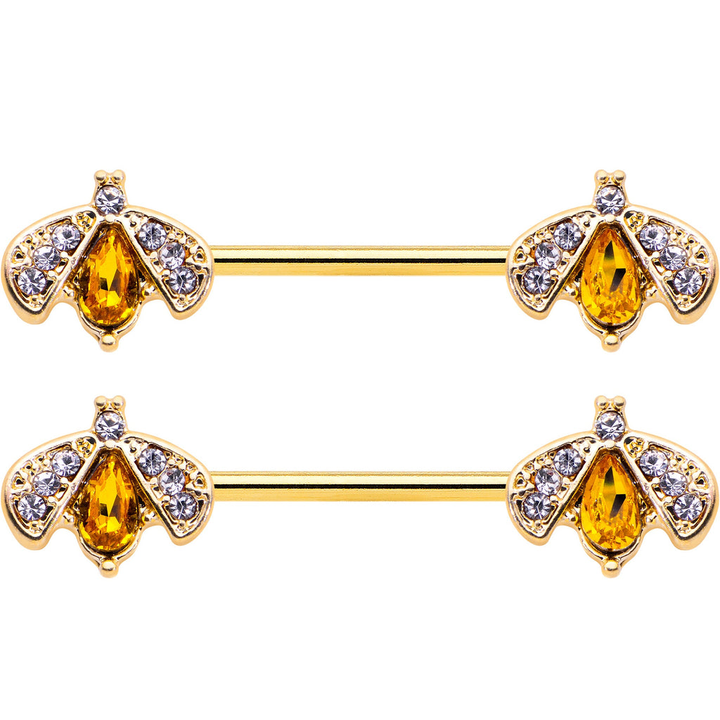 BodyCandy 14G 9/16 Yellow Gem Gold Tone Fashion Bug Barbell Nipple Ring Set — detail close-up