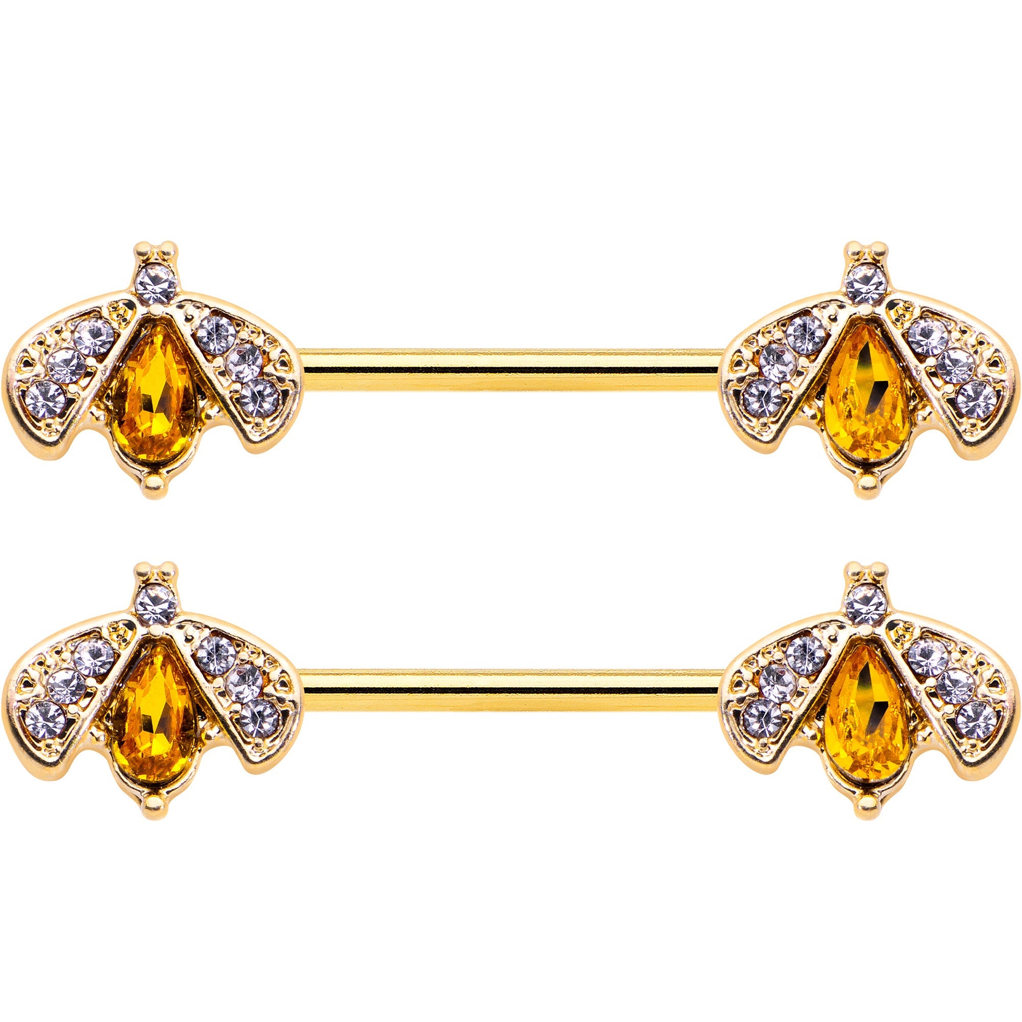 BodyCandy 14G 9/16 Yellow Gem Gold Tone Fashion Bug Barbell Nipple Ring Set — detail close-up
