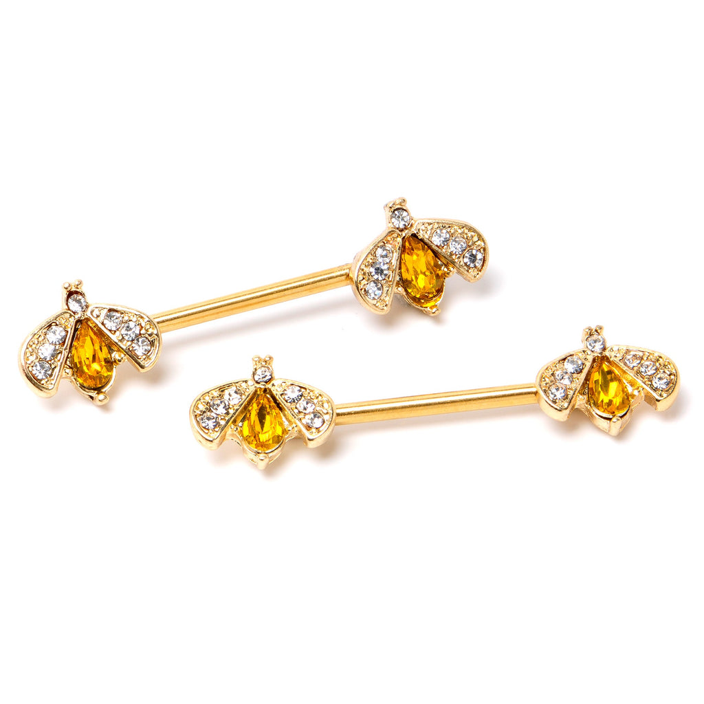 BodyCandy 14G 9/16 Yellow Gem Gold Tone Fashion Bug Barbell Nipple Ring Set — side view