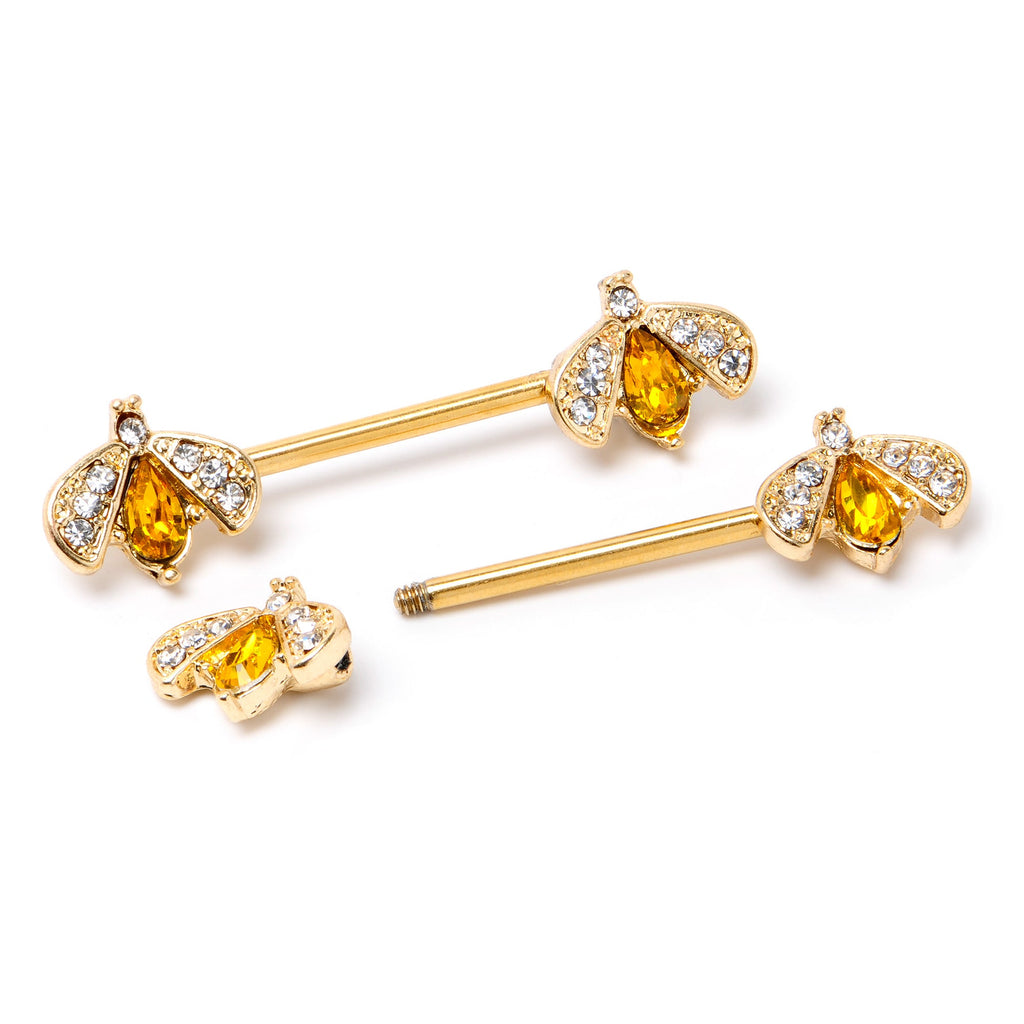 BodyCandy 14G 9/16 Yellow Gem Gold Tone Fashion Bug Barbell Nipple Ring Set — back view
