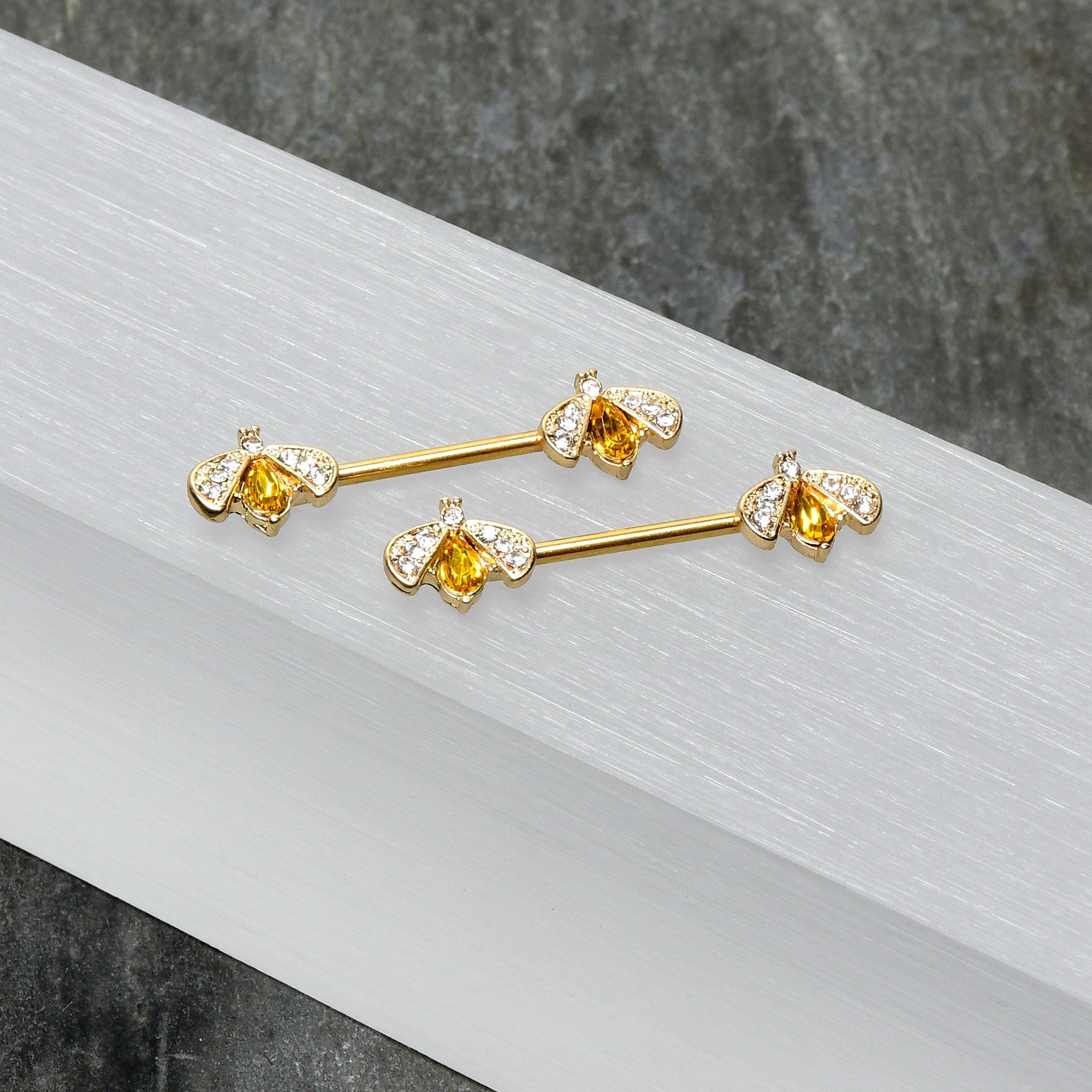 BodyCandy 14G 9/16 Yellow Gem Gold Tone Fashion Bug Barbell Nipple Ring Set — alternative angle