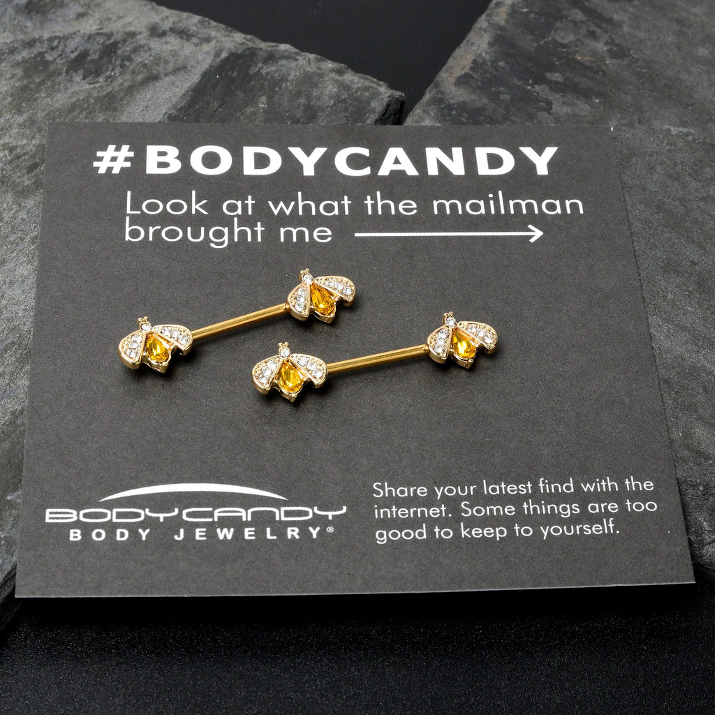 BodyCandy 14G 9/16 Yellow Gem Gold Tone Fashion Bug Barbell Nipple Ring Set — size reference