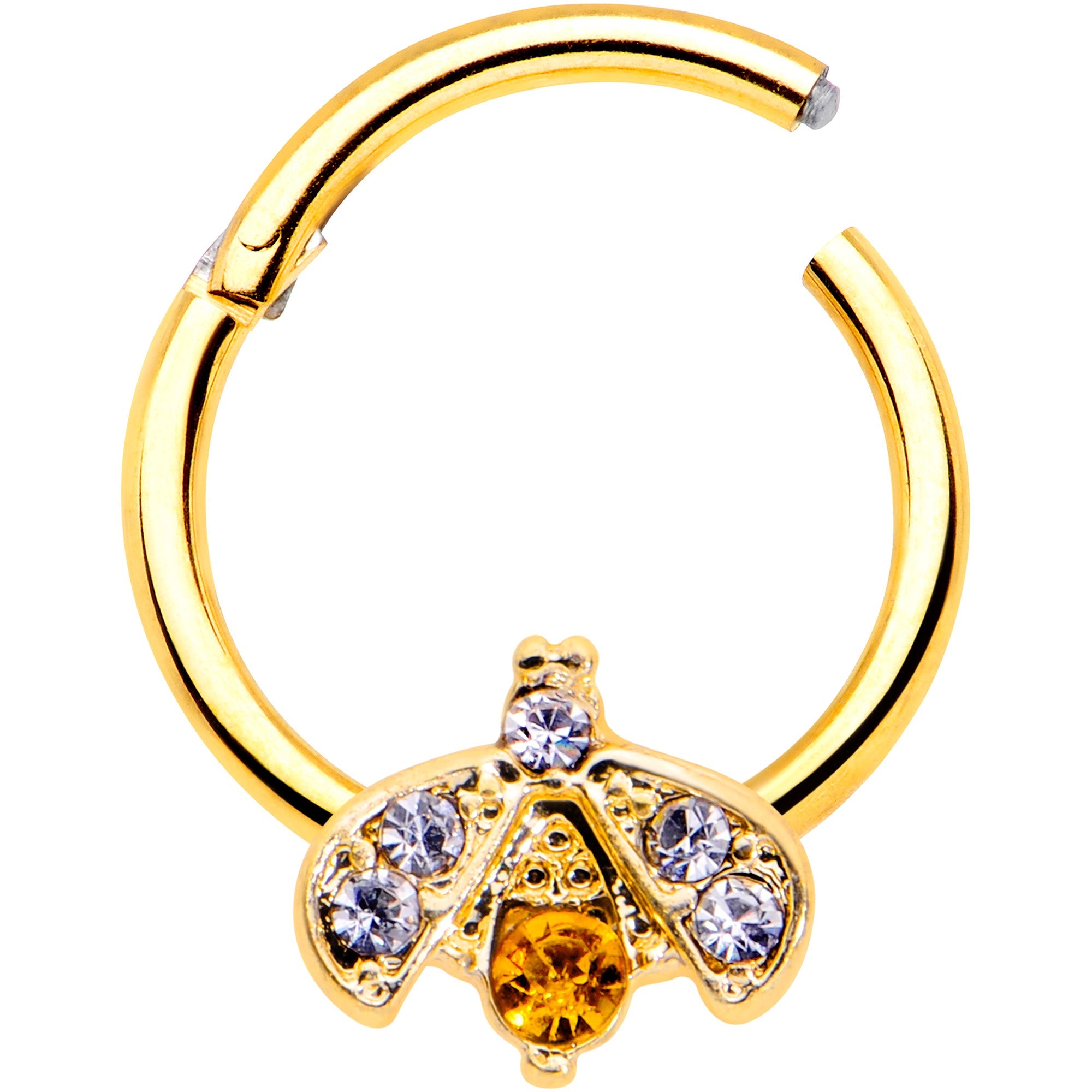 BodyCandy 16G 3/8 Yellow Gem Gold Tone Fashion Winged Bug Hinged Segment Ring — detail close-up