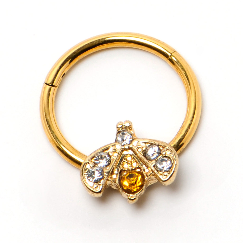 BodyCandy 16G 3/8 Yellow Gem Gold Tone Fashion Winged Bug Hinged Segment Ring — side view