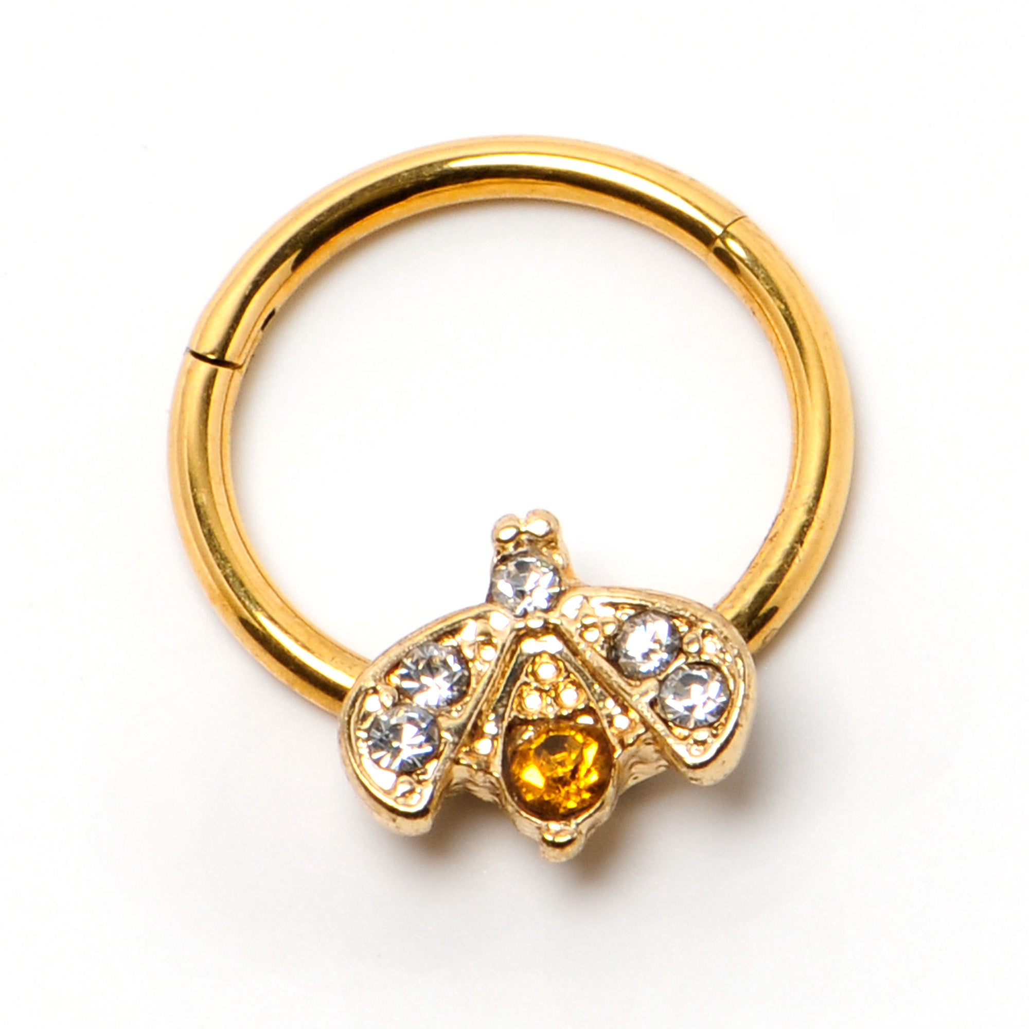 BodyCandy 16G 3/8 Yellow Gem Gold Tone Fashion Winged Bug Hinged Segment Ring — side view
