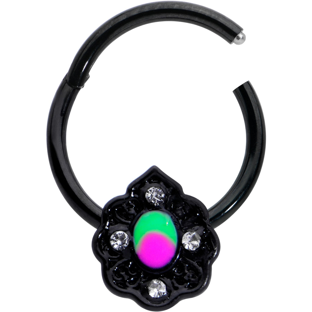 BodyCandy 16G 3/8 Purple Tourmaline Black Lacy Drop Hinged Segment Ring — detail close-up