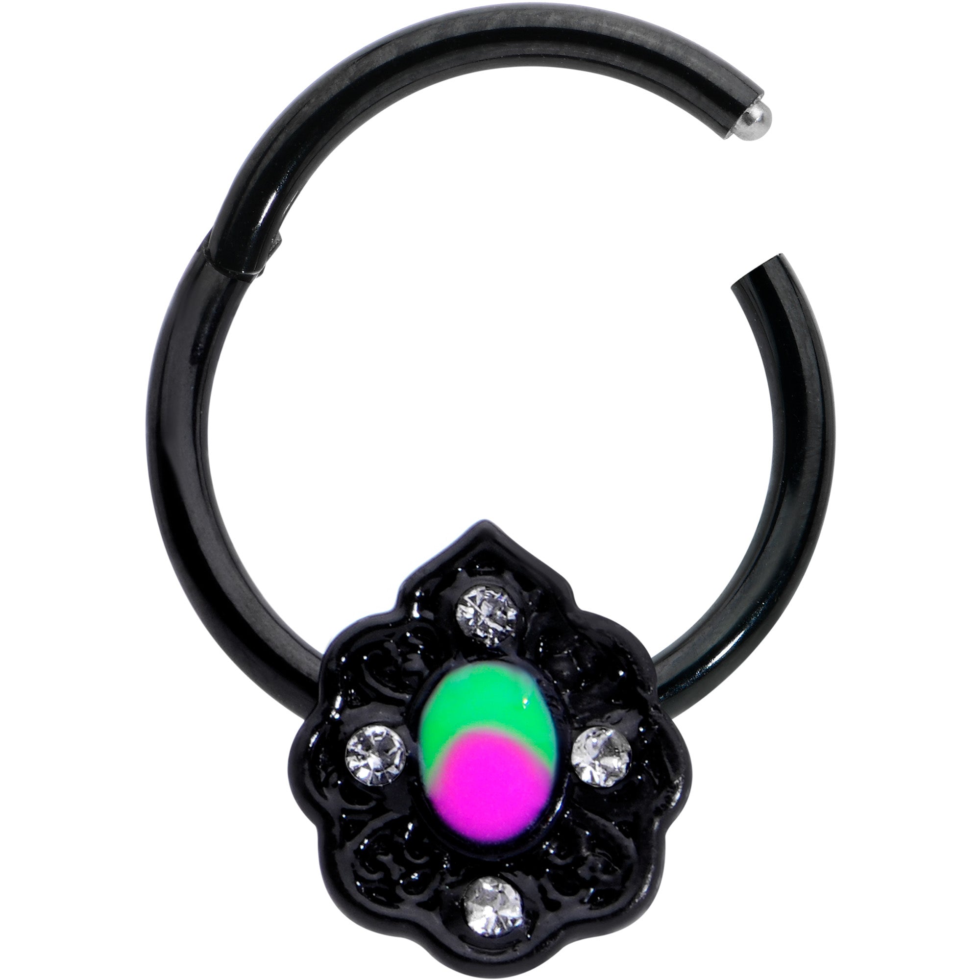 BodyCandy 16G 3/8 Purple Tourmaline Black Lacy Drop Hinged Segment Ring — detail close-up