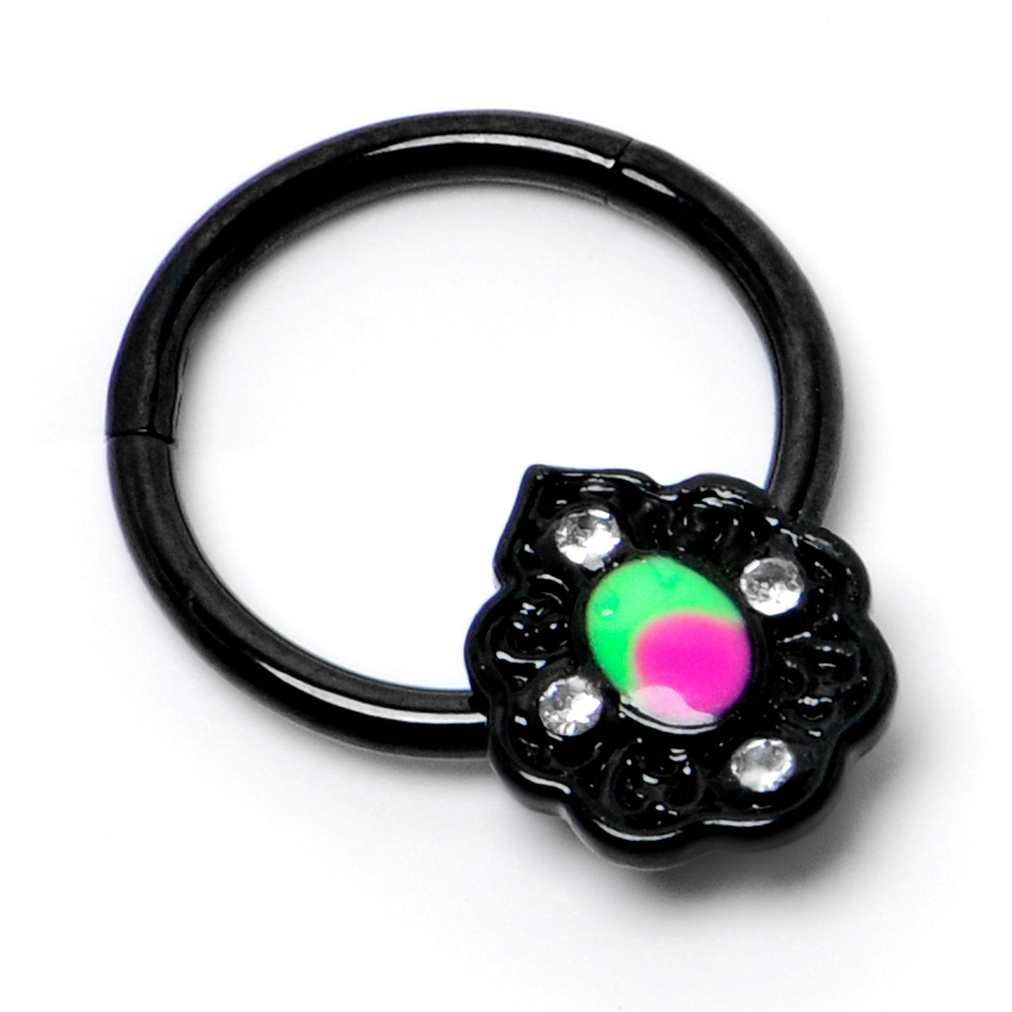 BodyCandy 16G 3/8 Purple Tourmaline Black Lacy Drop Hinged Segment Ring — side view