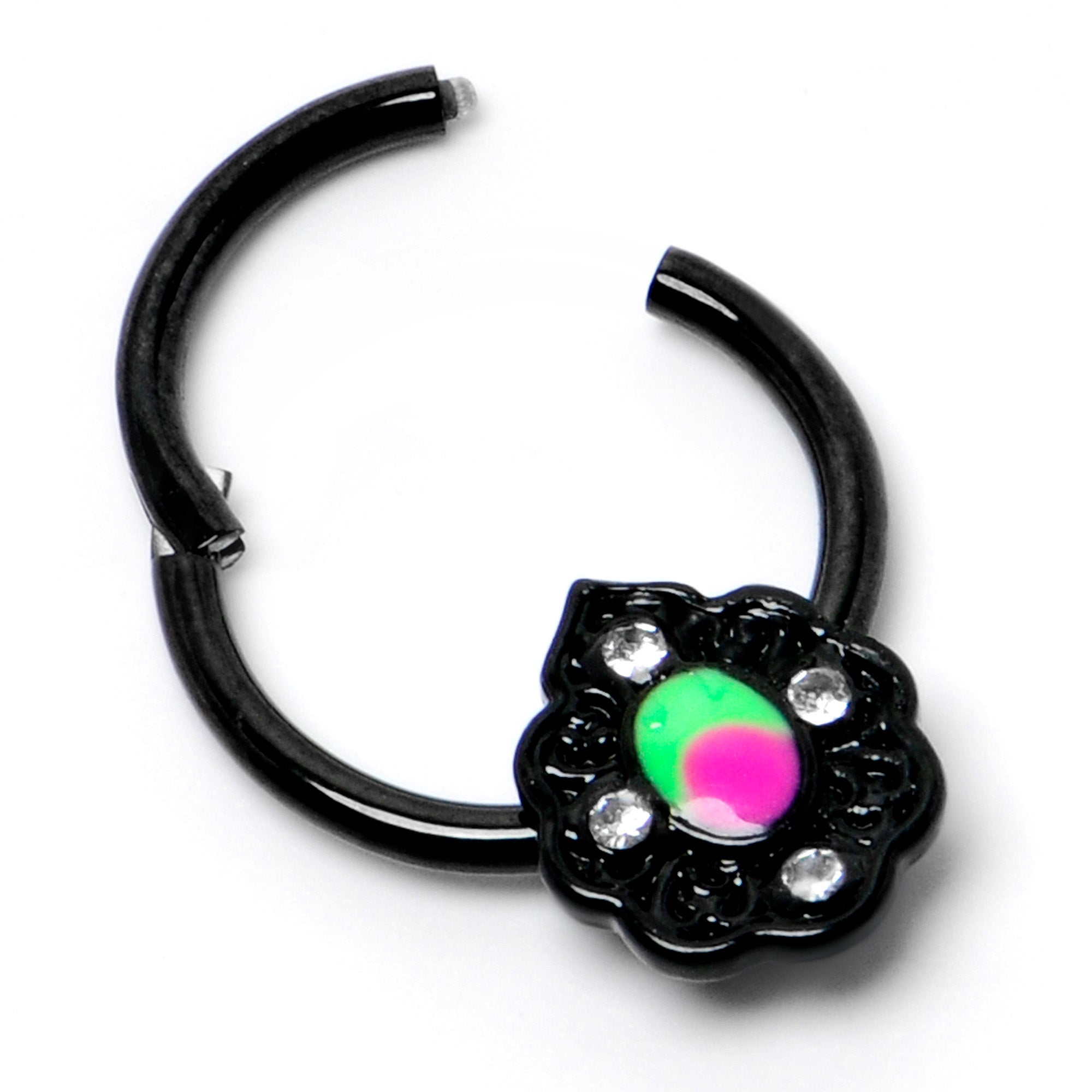 BodyCandy 16G 3/8 Purple Tourmaline Black Lacy Drop Hinged Segment Ring — back view