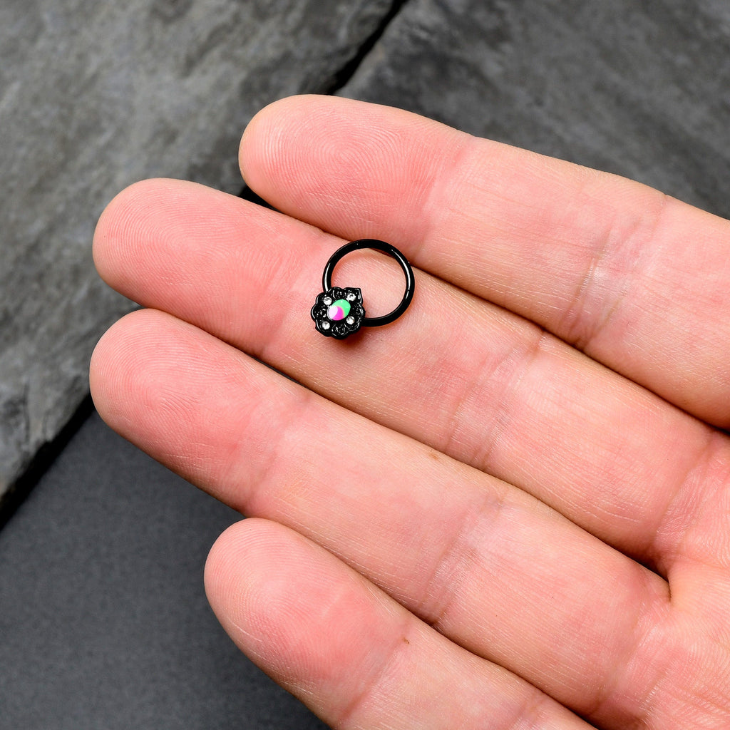 BodyCandy 16G 3/8 Purple Tourmaline Black Lacy Drop Hinged Segment Ring — in-use photo