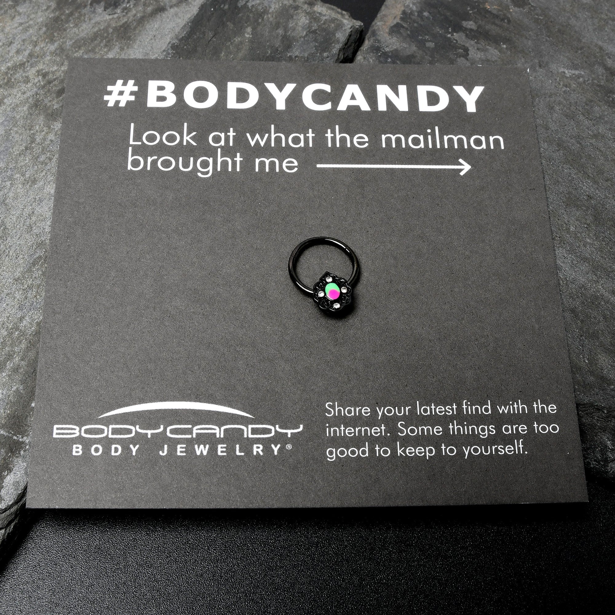 BodyCandy 16G 3/8 Purple Tourmaline Black Lacy Drop Hinged Segment Ring — size reference