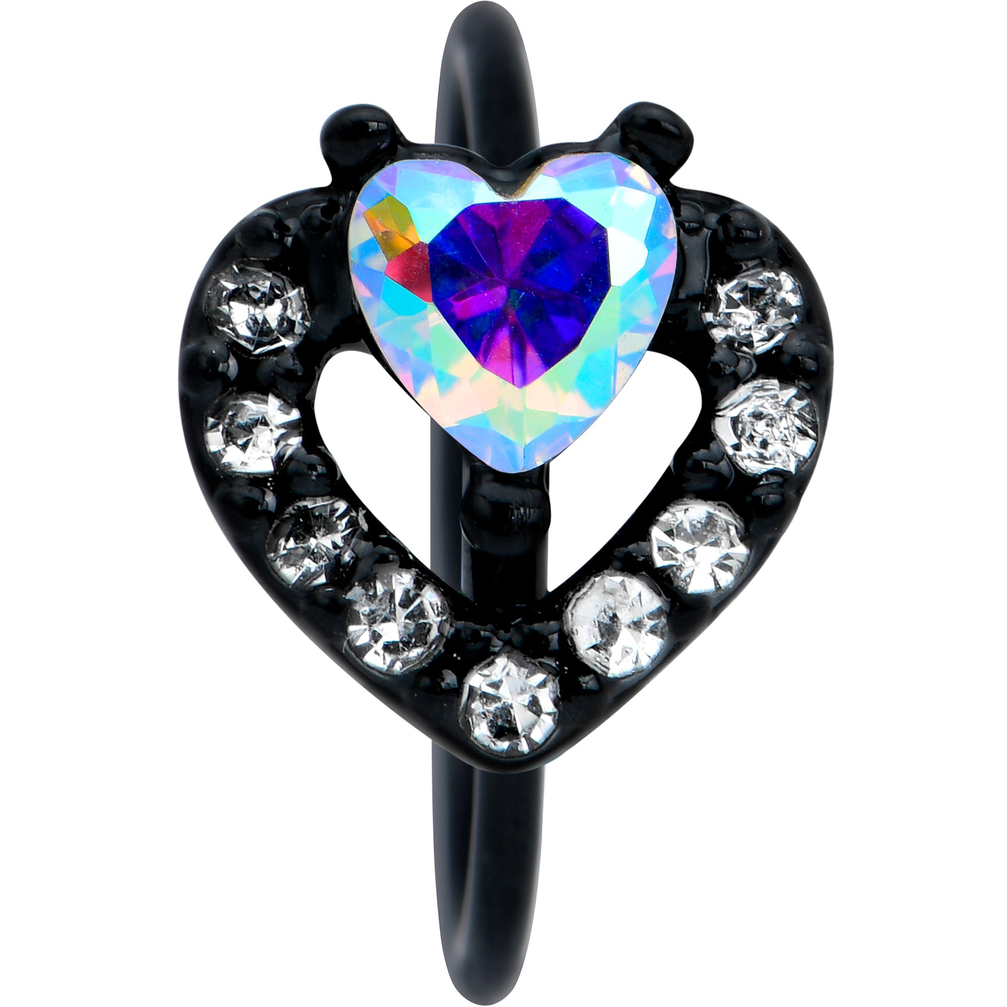 BodyCandy 20G 5/16 Aurora Clear Gem Black Rococo Hearts Nose Hoop — detail close-up