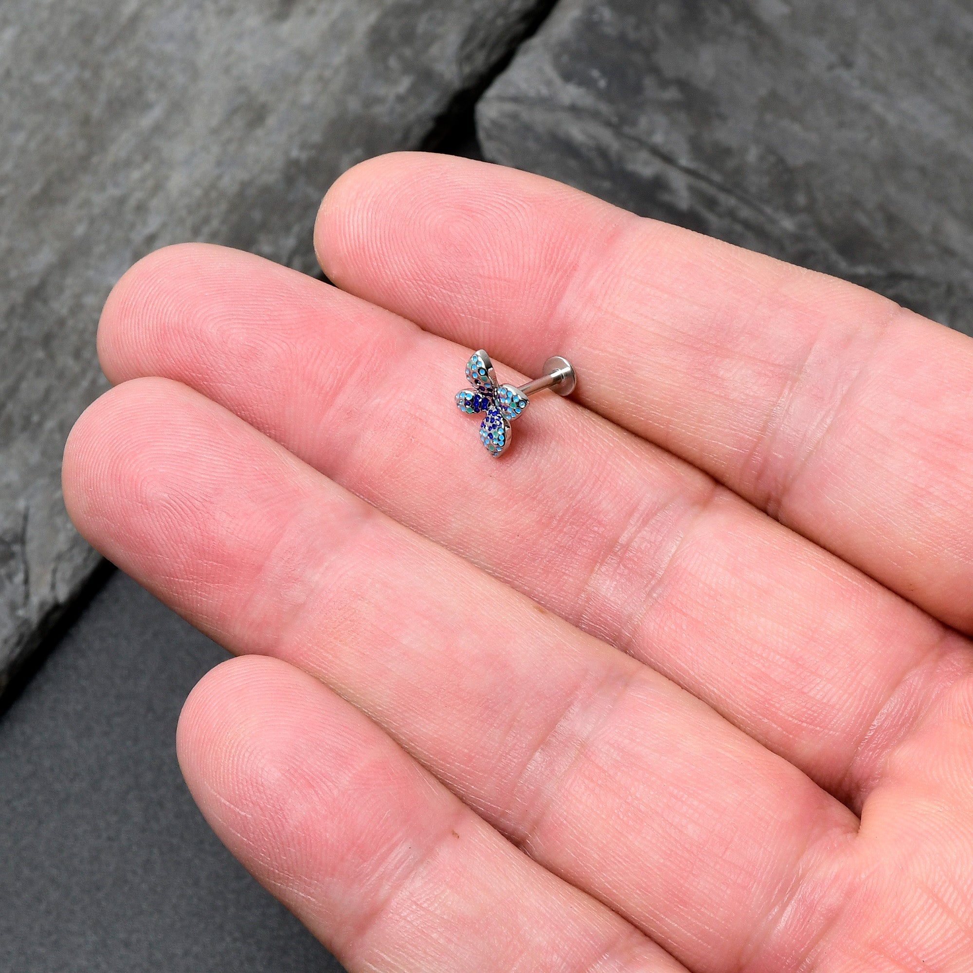 BodyCandy 16G 5/16 Glamour Butterfly Labret Monroe Tragus — in-use photo