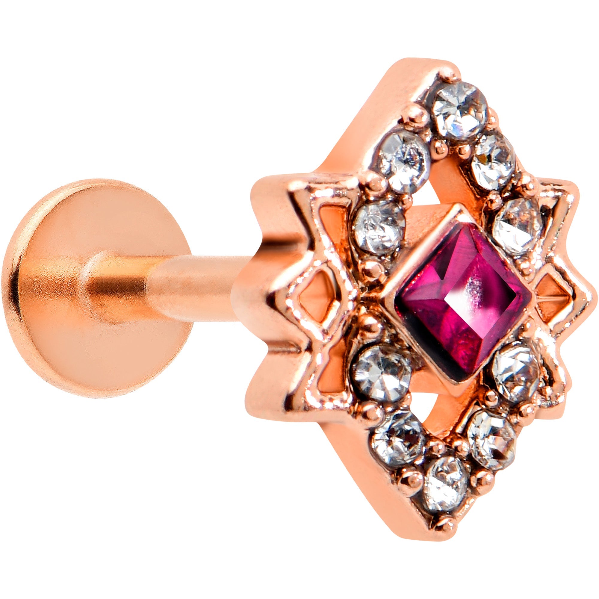 BodyCandy 16G 5/16 Red Gem Rose Gold Tone Octogram Star Labret Monroe Tragus — main product shot