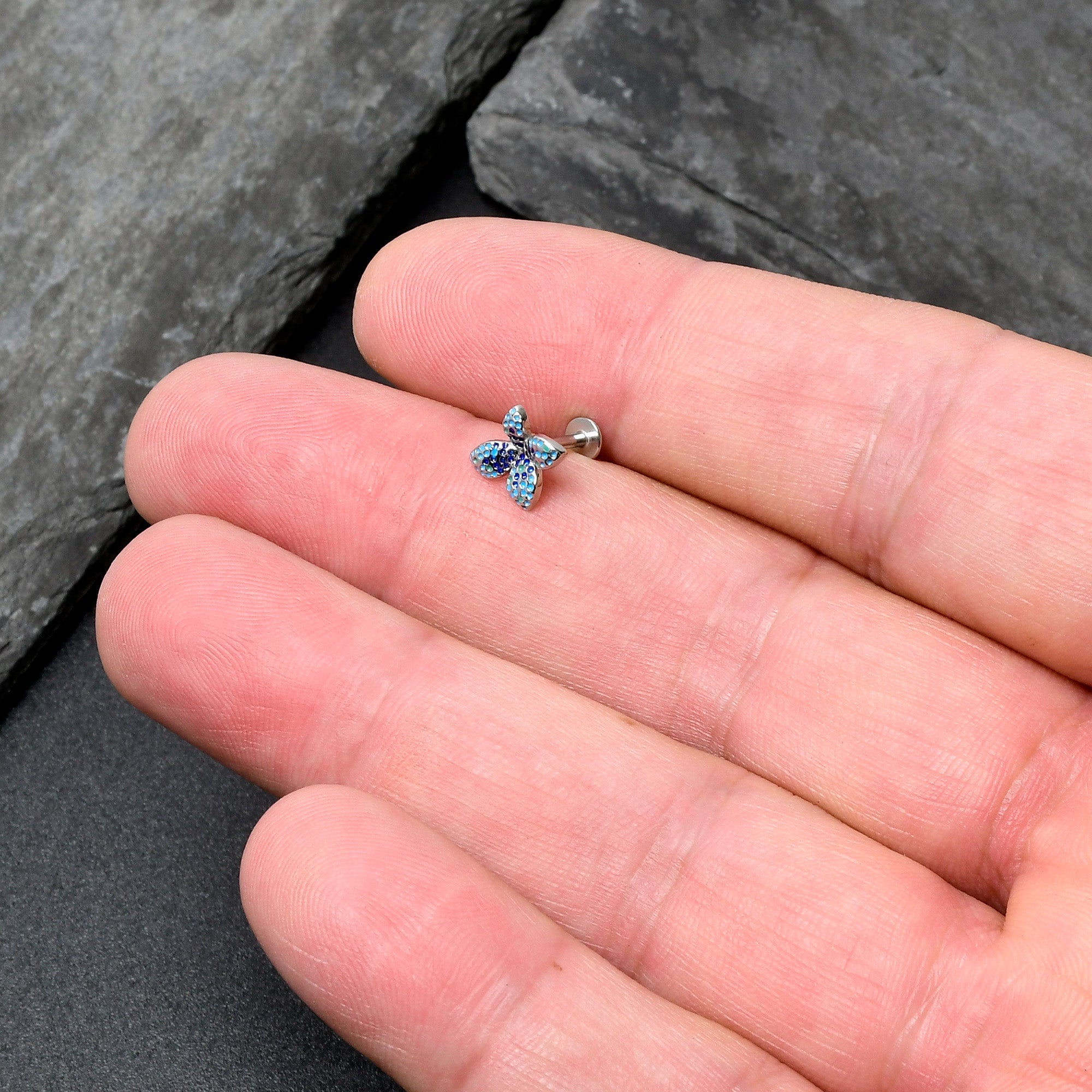 BodyCandy 16G 1/4 Glamour Butterfly Labret Tragus — in-use photo