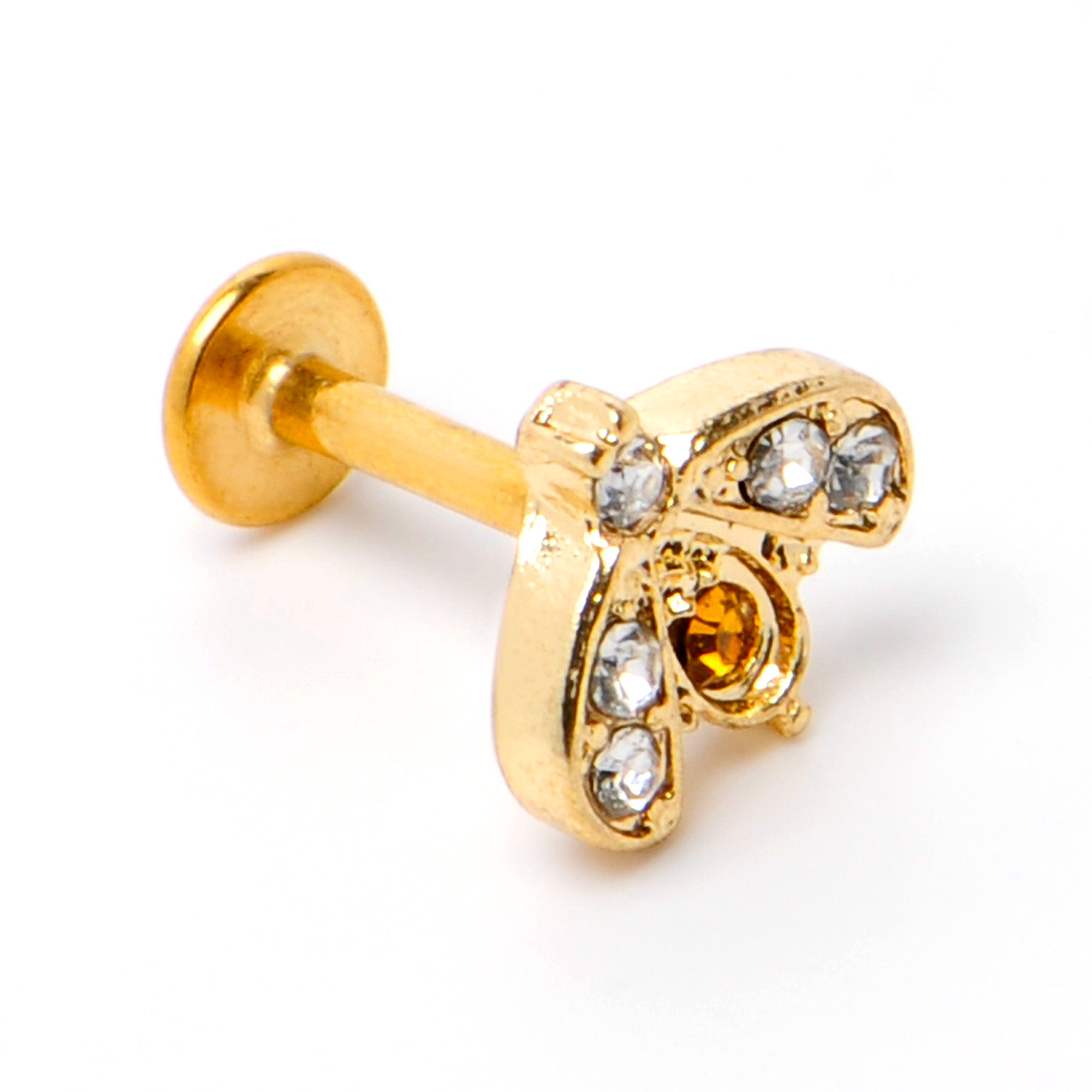 BodyCandy 16G 1/4 White Yellow Gem Gold Tone Fashion Winged Bug Labret — back view