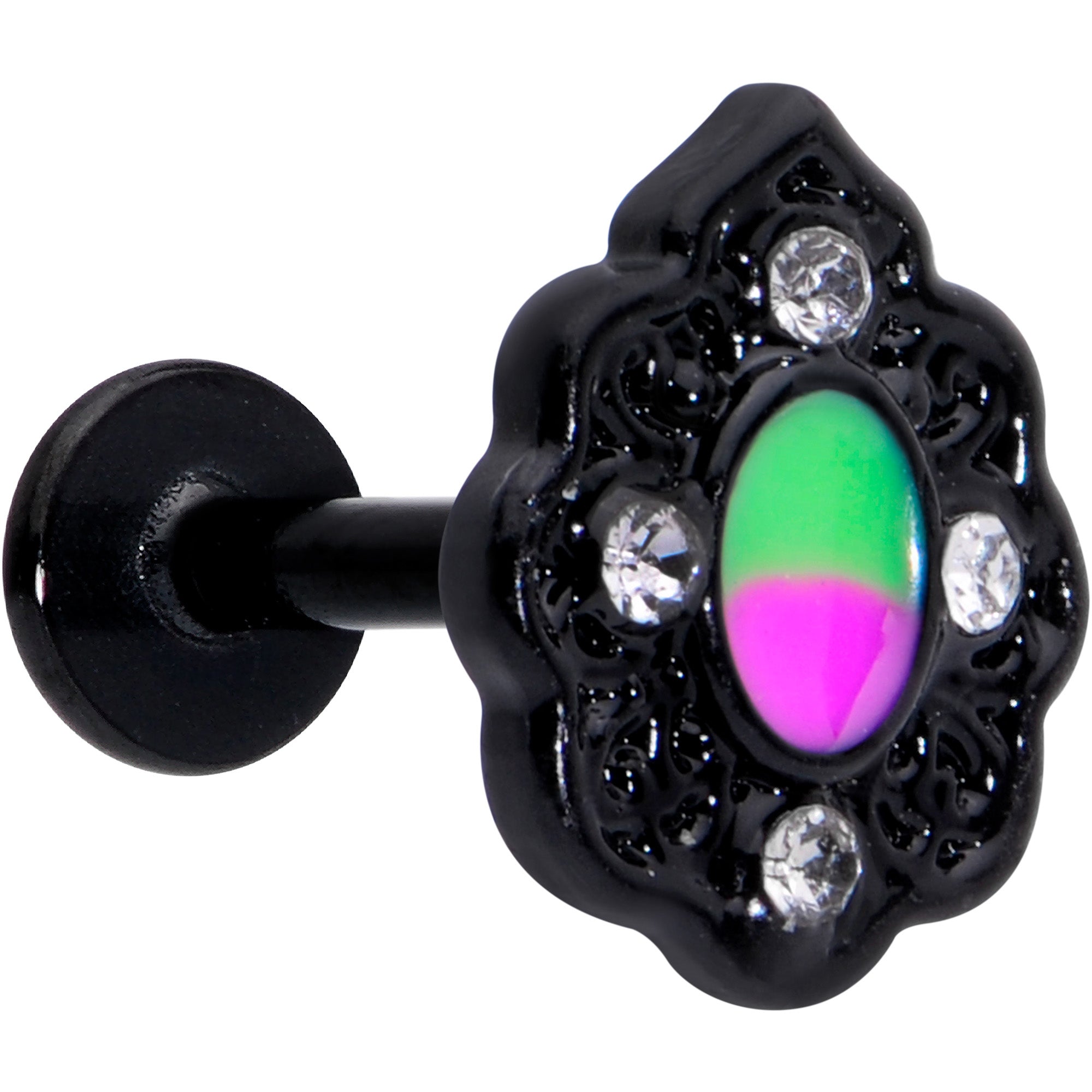 BodyCandy 16G 1/4 CZ Faux Tourmaline Black Lacy Drop Labret — main product shot