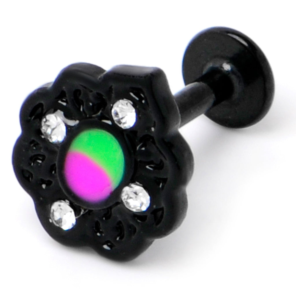 BodyCandy 16G 1/4 CZ Faux Tourmaline Black Lacy Drop Labret — back view