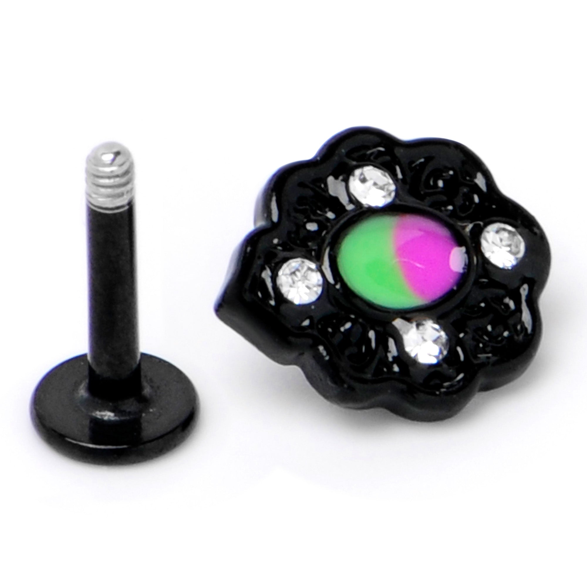 BodyCandy 16G 1/4 CZ Faux Tourmaline Black Lacy Drop Labret — alternative angle