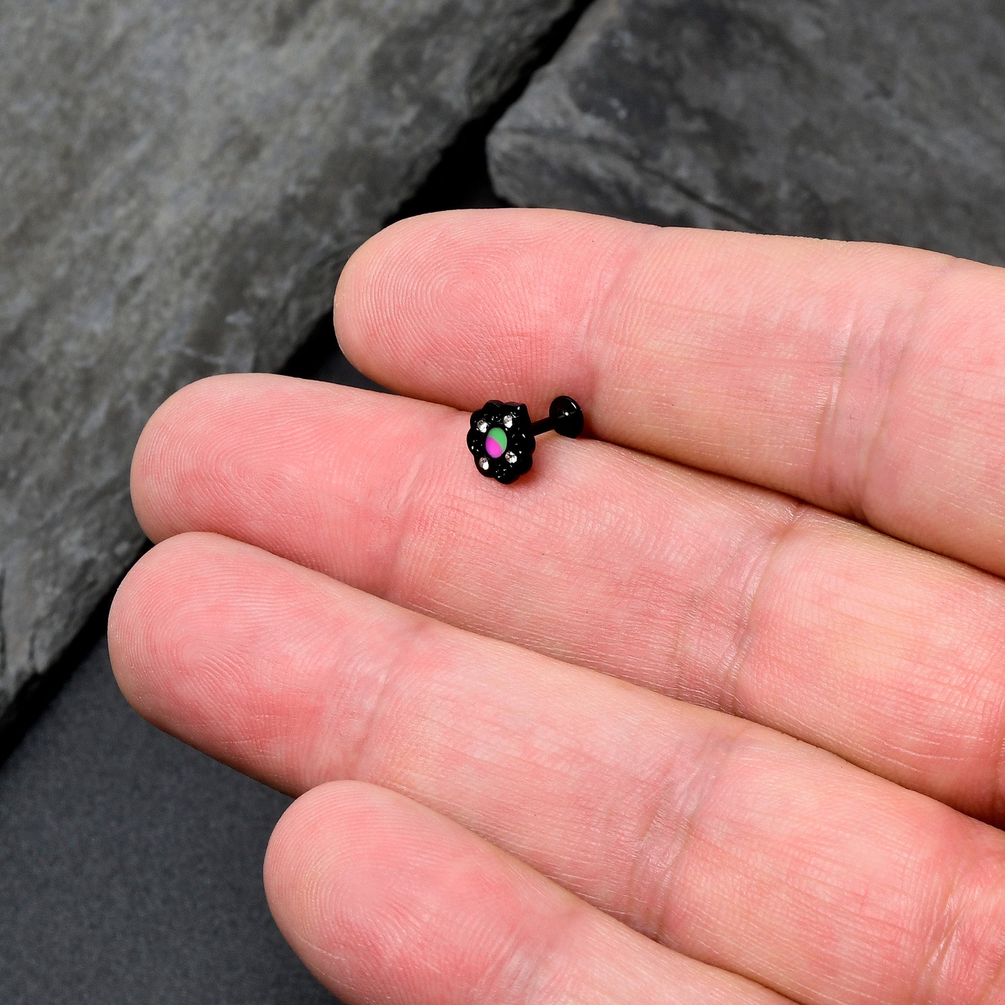 BodyCandy 16G 1/4 CZ Faux Tourmaline Black Lacy Drop Labret — in-use photo