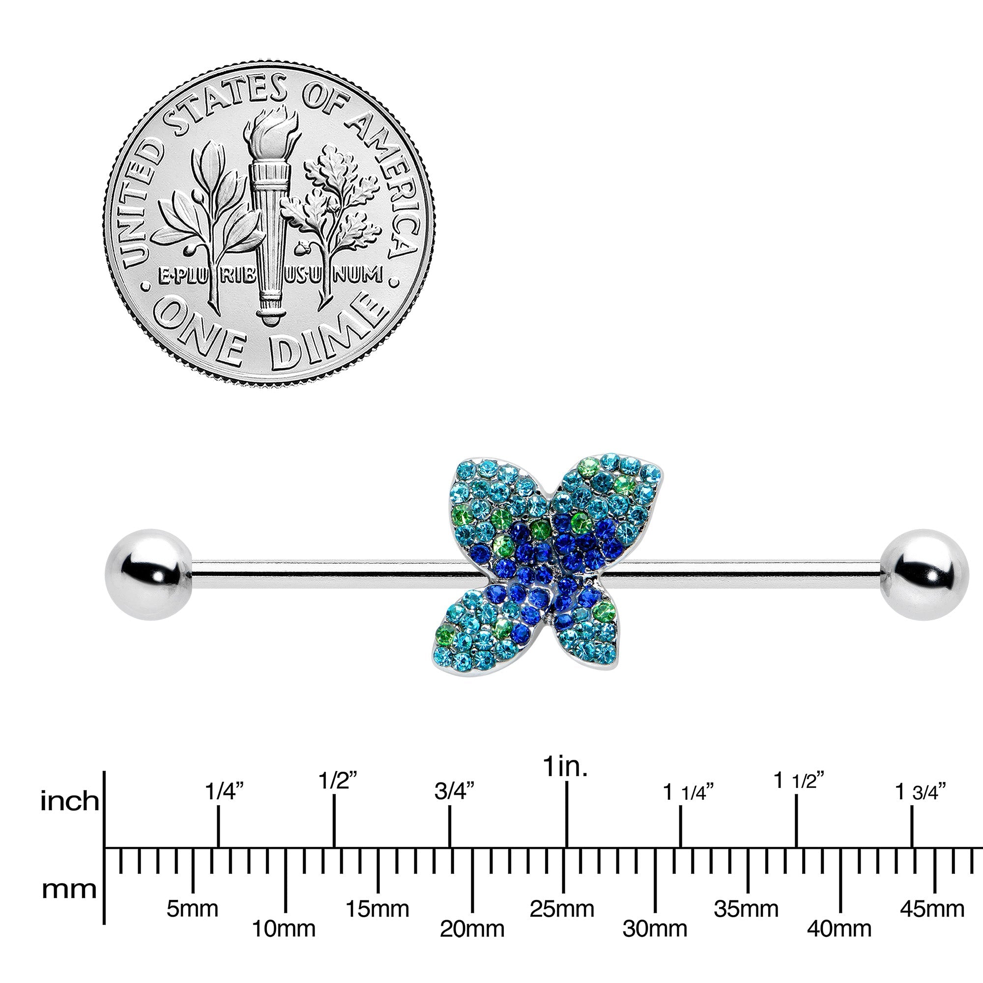 BodyCandy 14G Blue Green Gem Glam Butterfly Industrial Barbell 38mm — lifestyle context