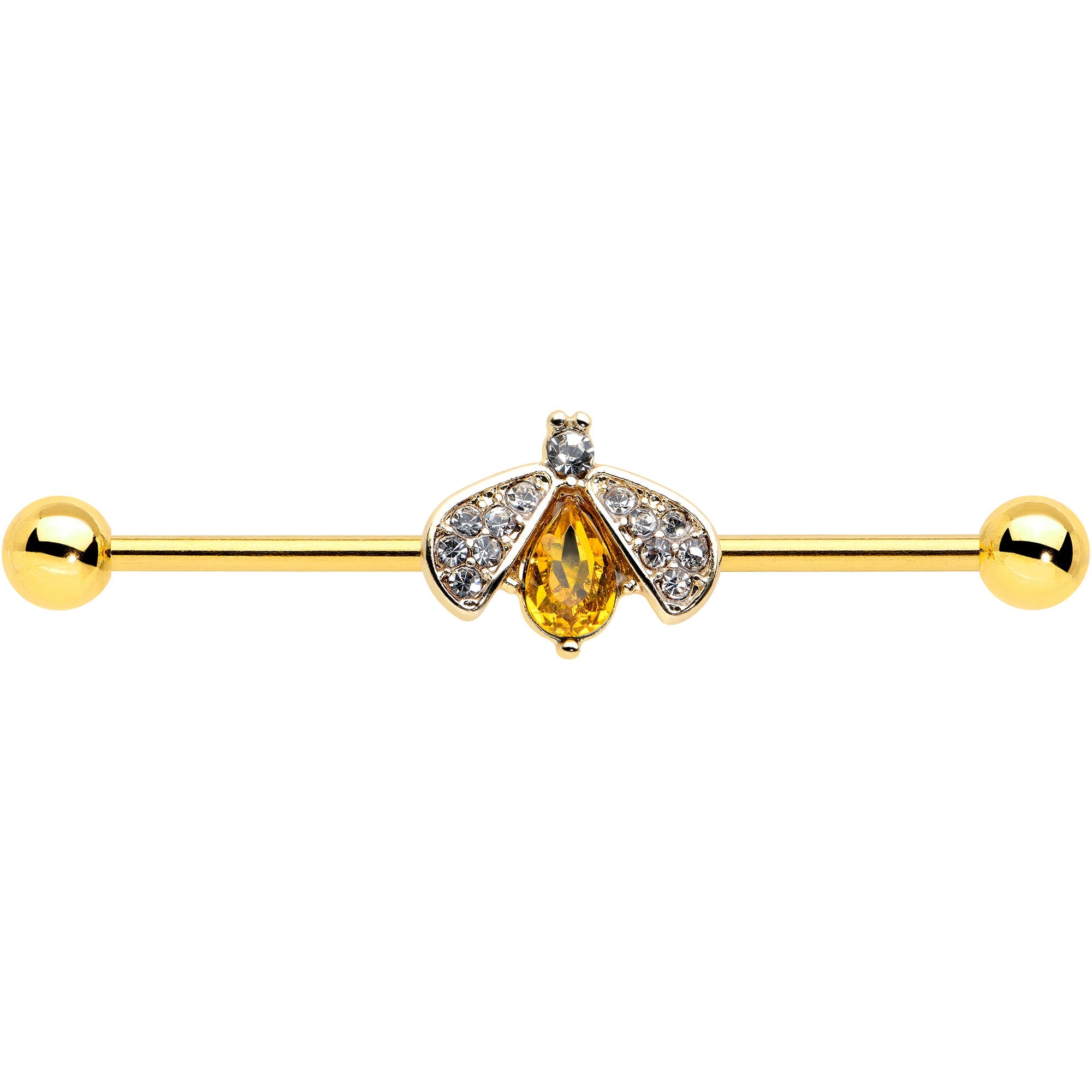 BodyCandy 14G Clear Yellow Gem Gold Tone Style Bug Industrial Barbell 38mm — detail close-up