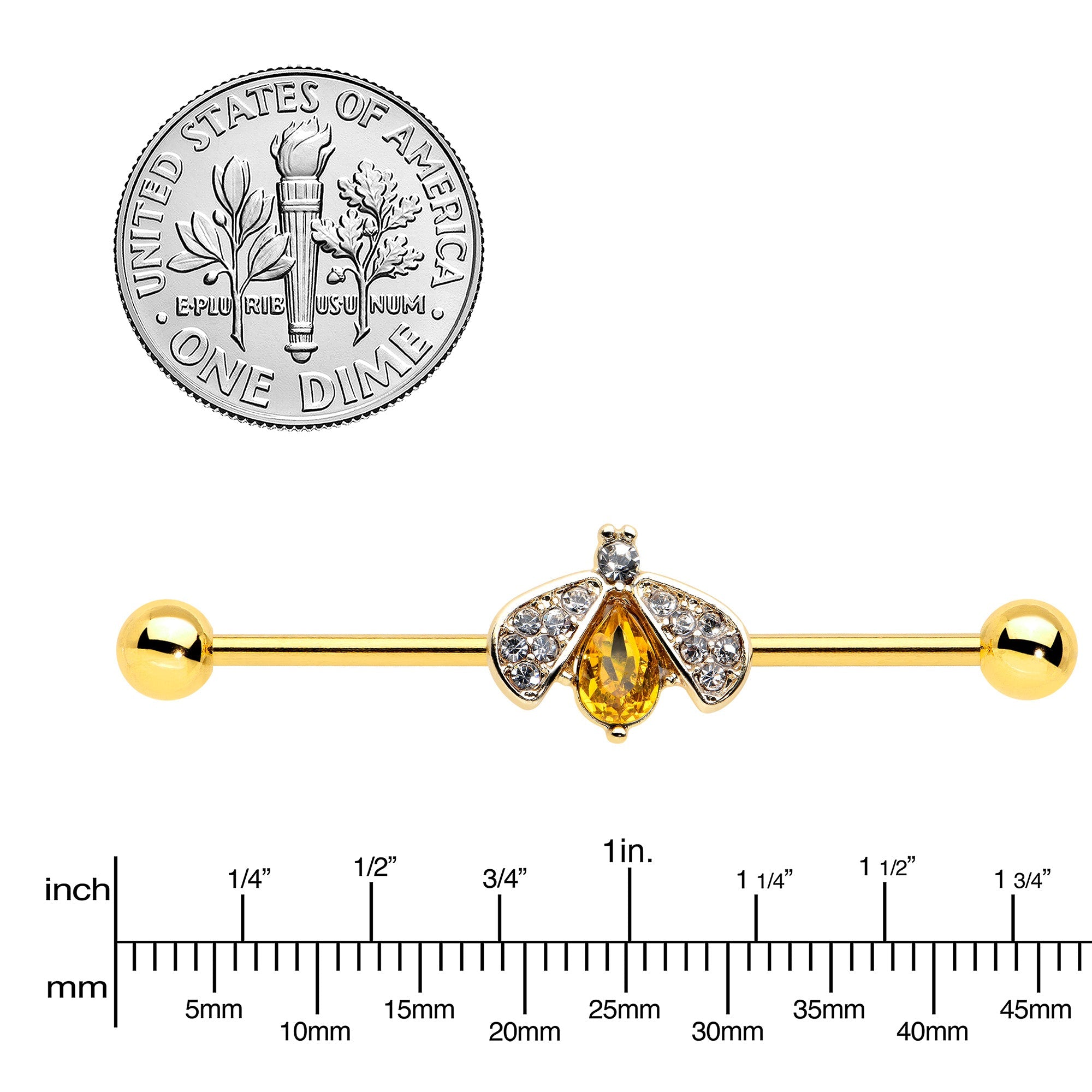 BodyCandy 14G Clear Yellow Gem Gold Tone Style Bug Industrial Barbell 38mm — lifestyle context