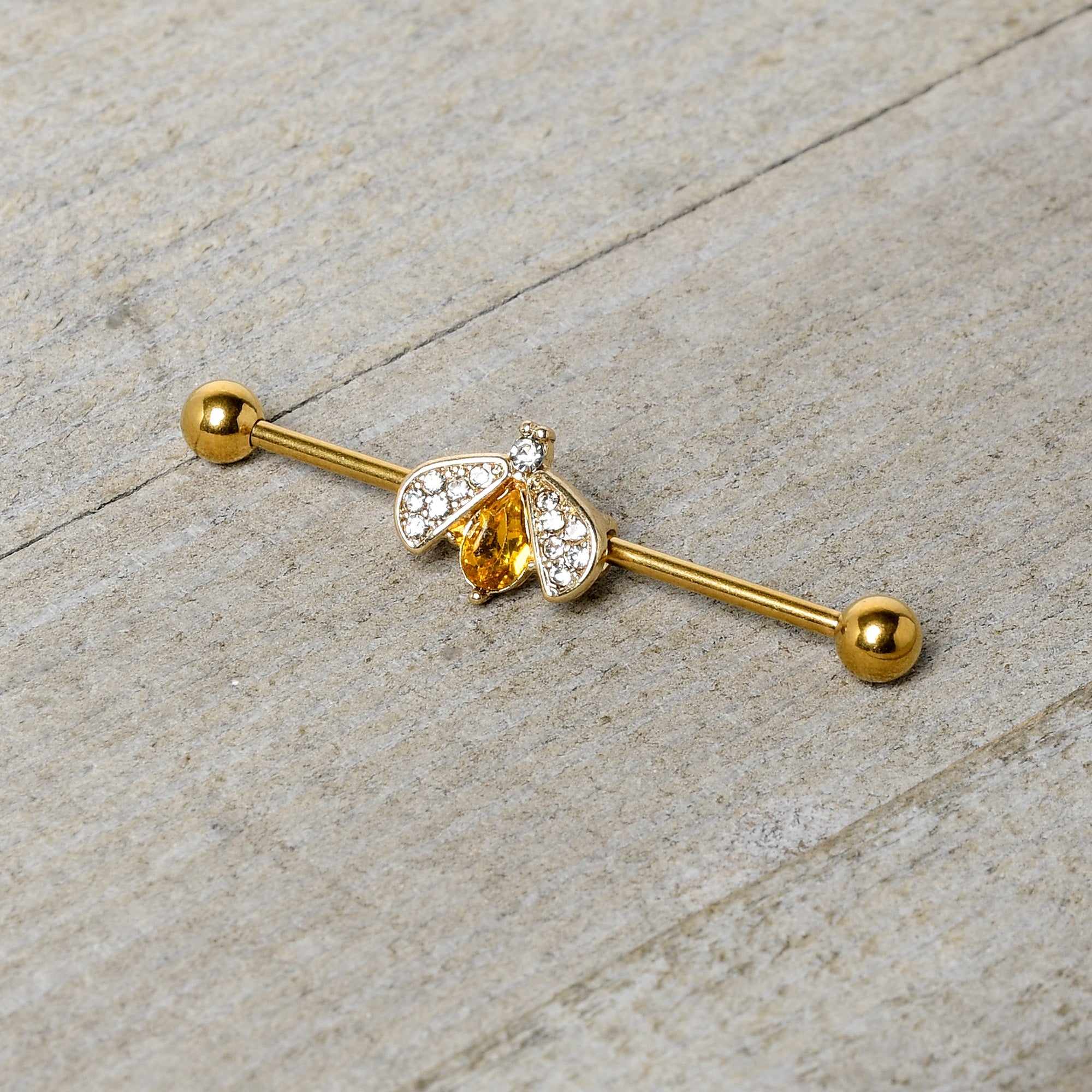 BodyCandy 14G Clear Yellow Gem Gold Tone Style Bug Industrial Barbell 38mm — side view