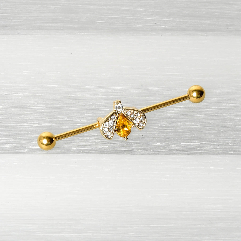 BodyCandy 14G Clear Yellow Gem Gold Tone Style Bug Industrial Barbell 38mm — back view